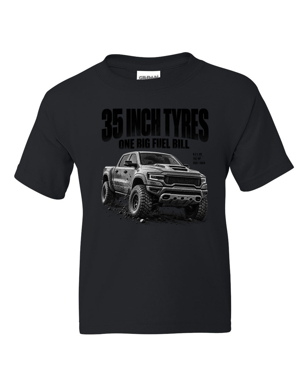 Halftone of a 2021-2024 Ram 1500 TRX with the text 35 inch tyres, one big fuel bill black kids tee front view with the design