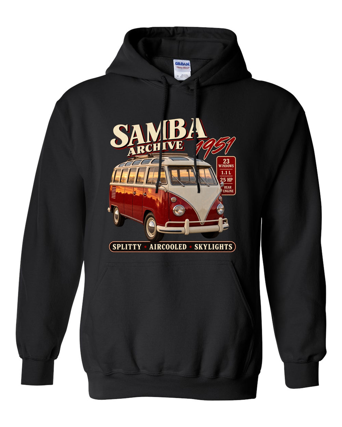Archive panel print of a VW T1 Samba bus front three-quarter with 23 windows text black pull over hoodie front view with the design