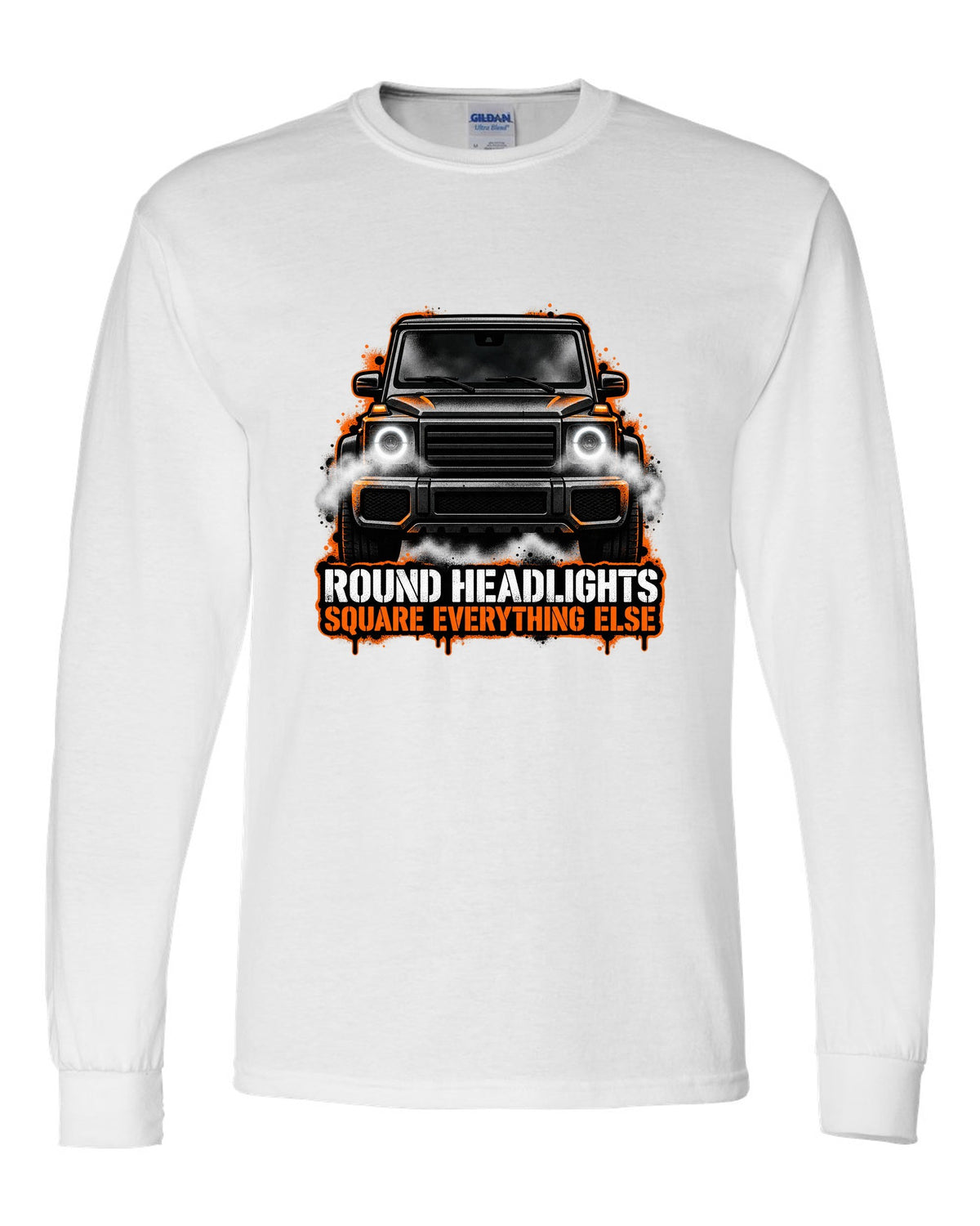 Sticker-bomb collage graphic with the word Clunk for a Mercedes G-Class W463, print white long sleeve front view with the design