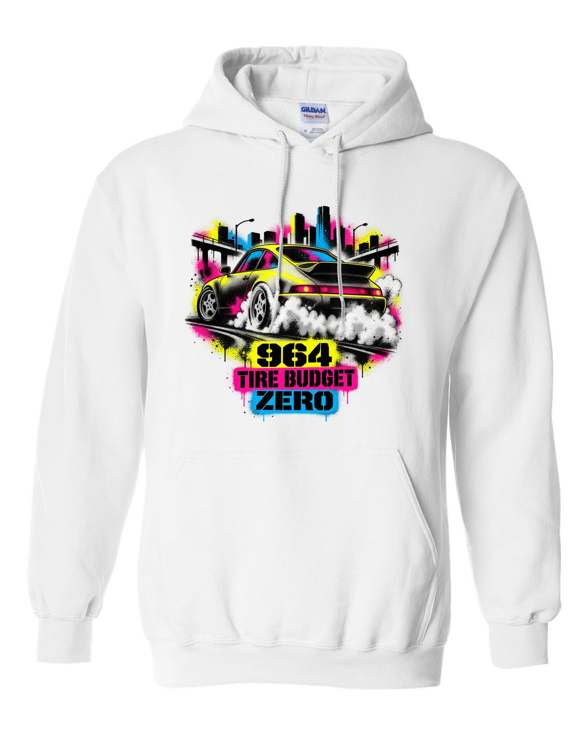 Street-art stencil print of a Porsche 911 Carrera 4 964 with the text 964, tire budget, zero white pull over hoodie front view with the design