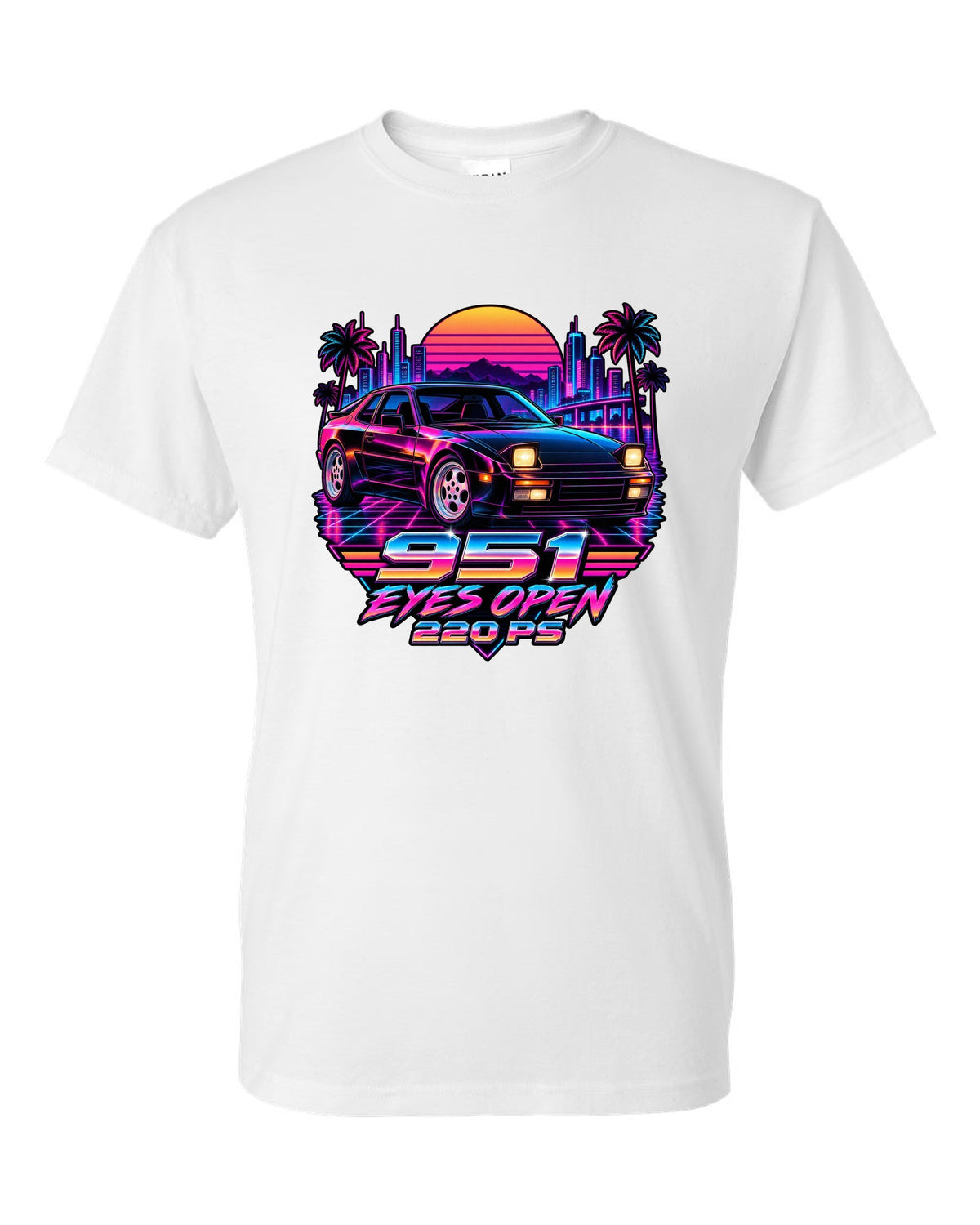 Synthwave neon Porsche 944 Turbo 951 with pop-up headlights open white t-shirt front view with the design