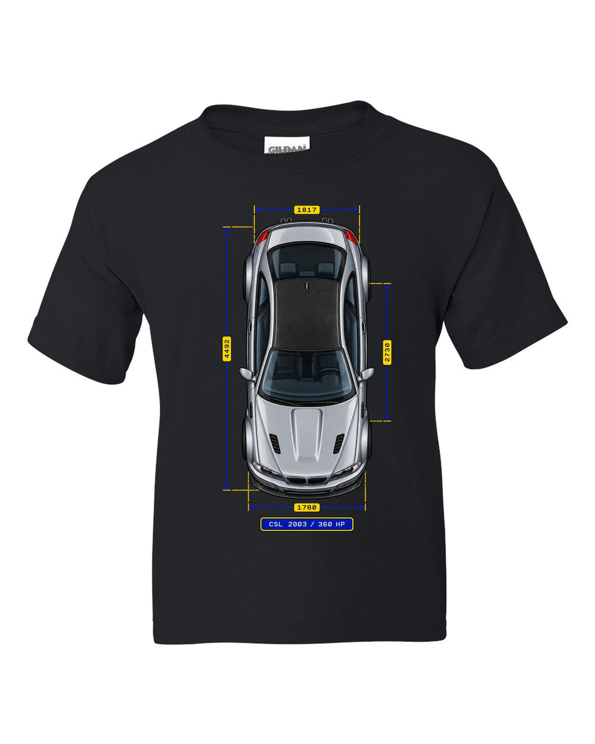 Spec-sheet data plate schematic of a BMW E46 M3 CSL 2003 with carbon roof and 360 HP black kids tee front view with the design