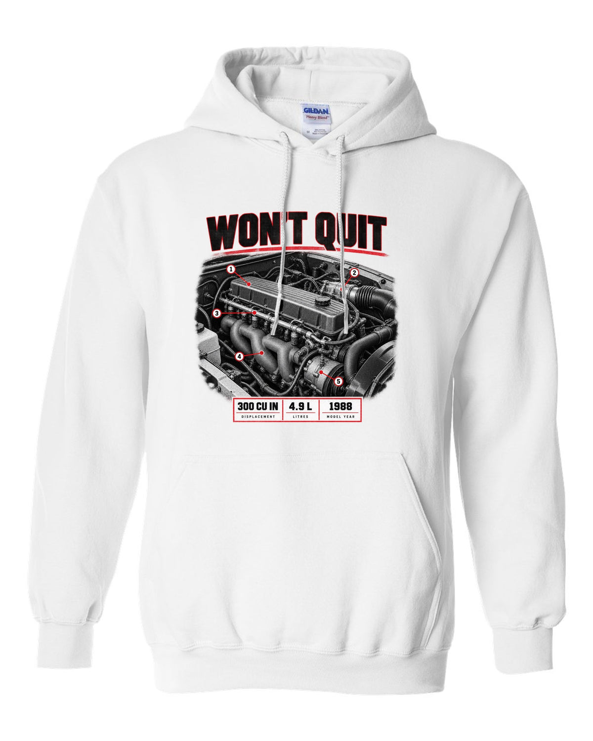 Engine print of a 1987-91 Ford F-150 Brick-Nose 4.9 inline six with 300 cu in text white pull over hoodie front view with the design