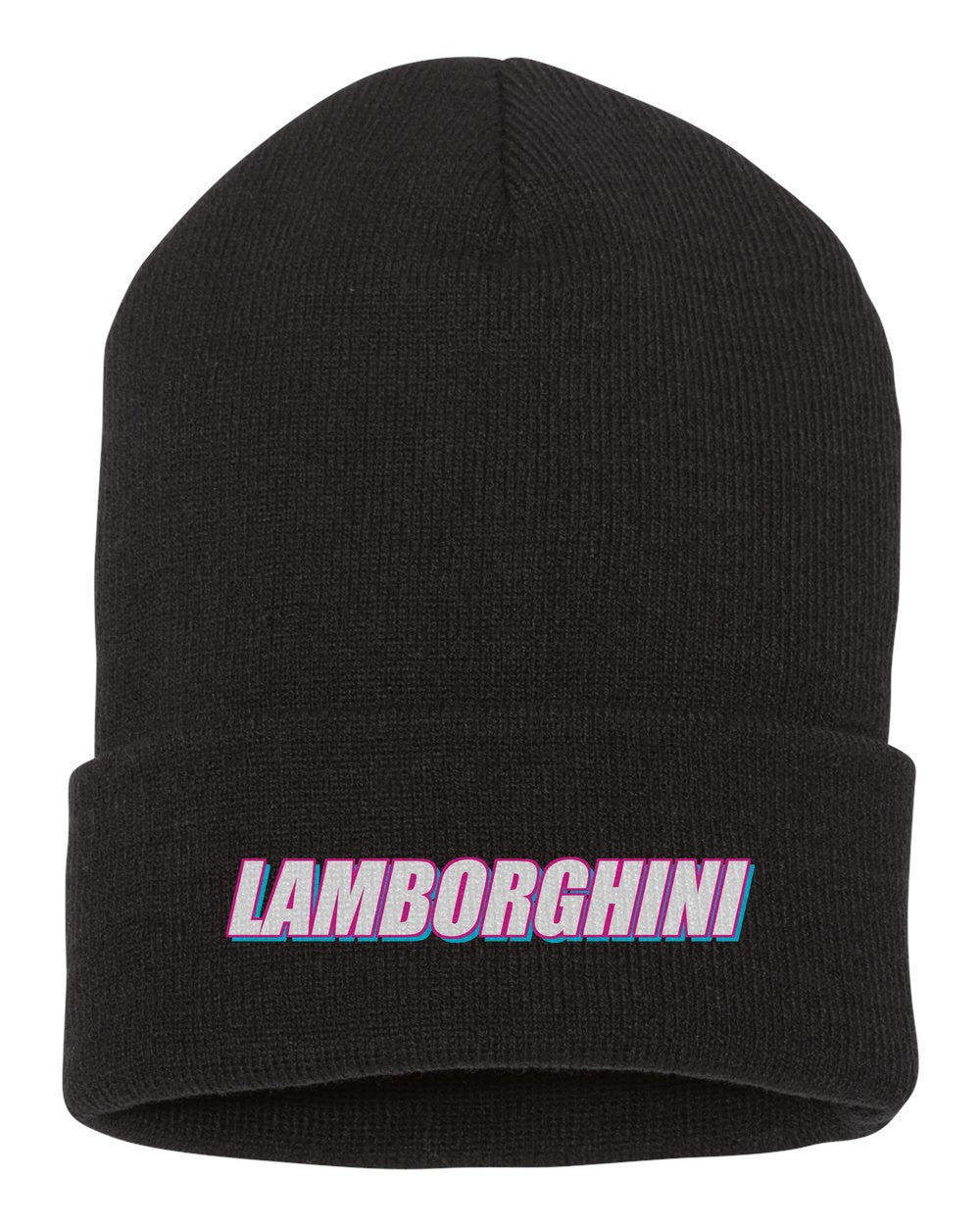 Lamborghini black beanie front view with car name