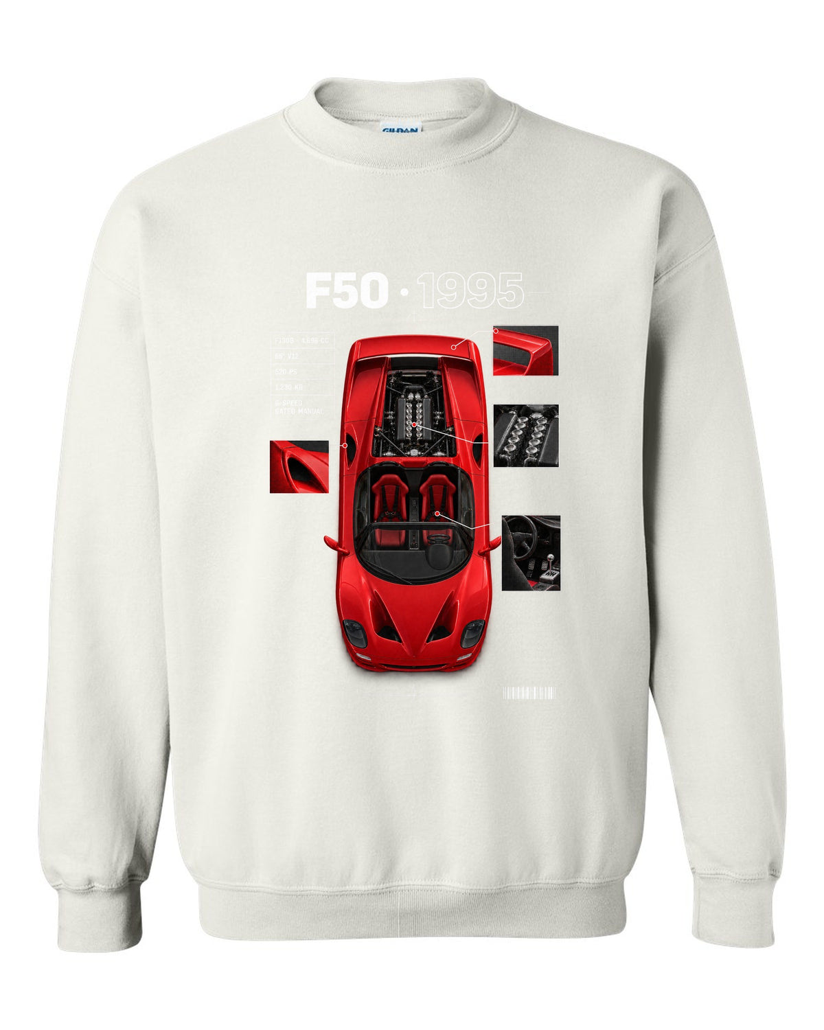 Ferrari F50 1995 top-down plan spec poster print, F130B 4,698 cc V12, 520 PS white crewneck front view with the design