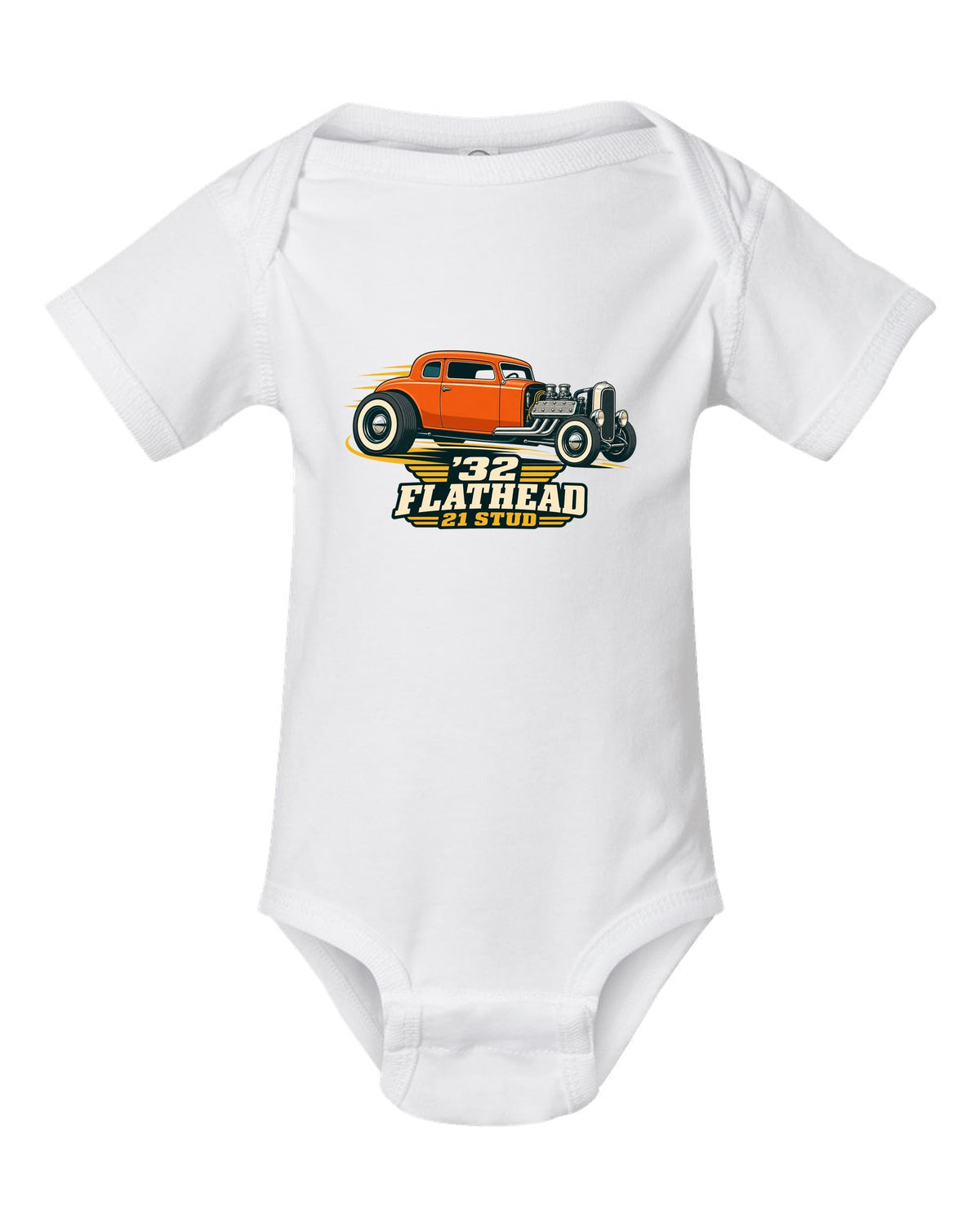 print of a two-tone flat vector 1932 Ford Deuce three-window coupe with flathead lettering white baby onesie front view with the design