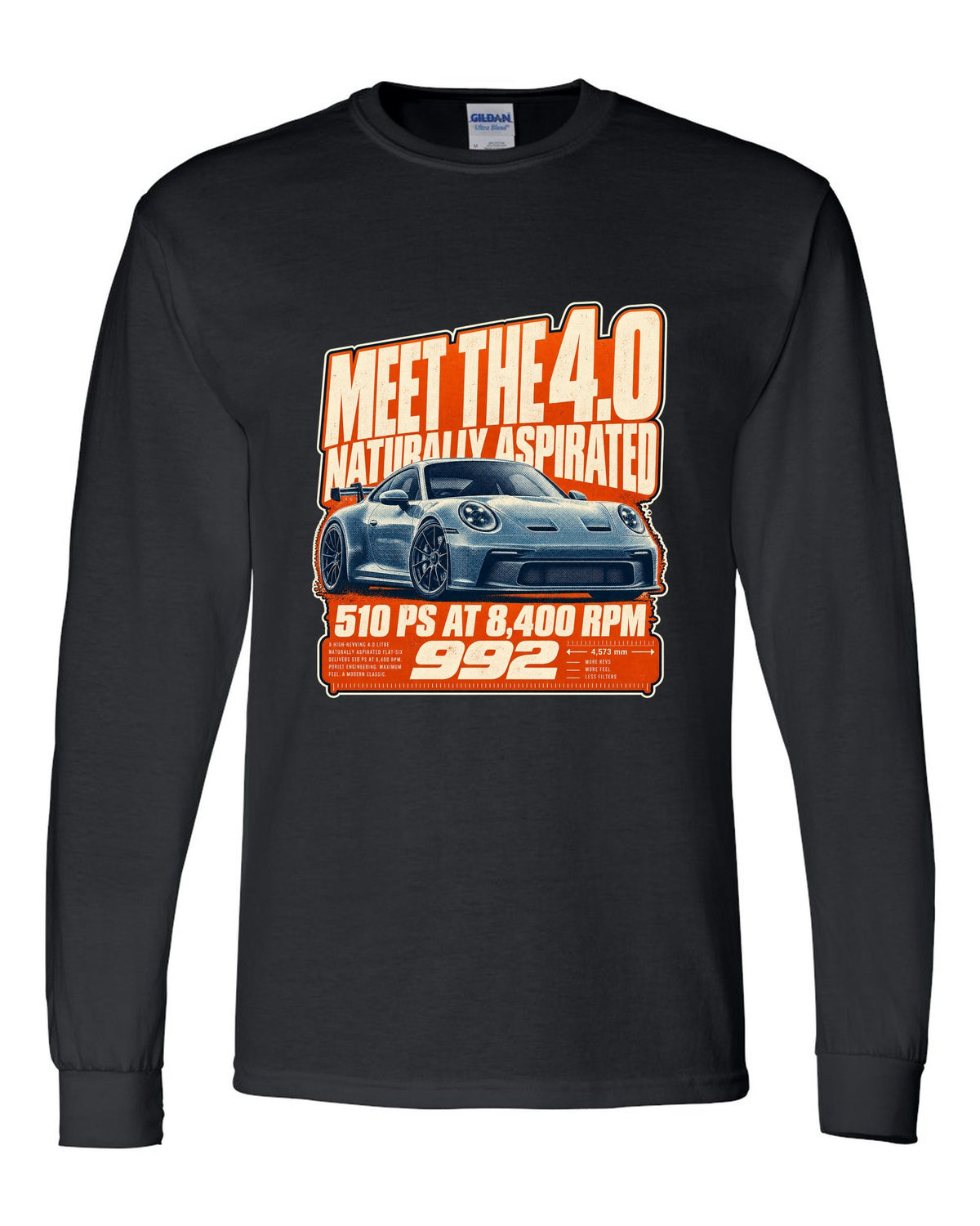 Porsche 992 GT3 halftone statement print design black long sleeve front view with the design