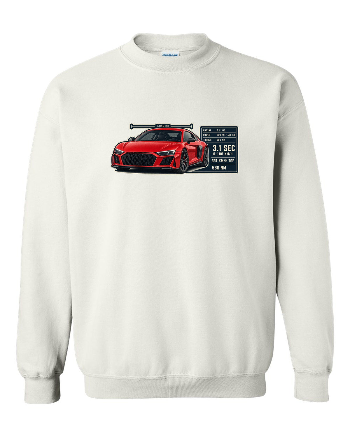 Audi R8 V10 performance coupe spec poster print design white crewneck front view with the design