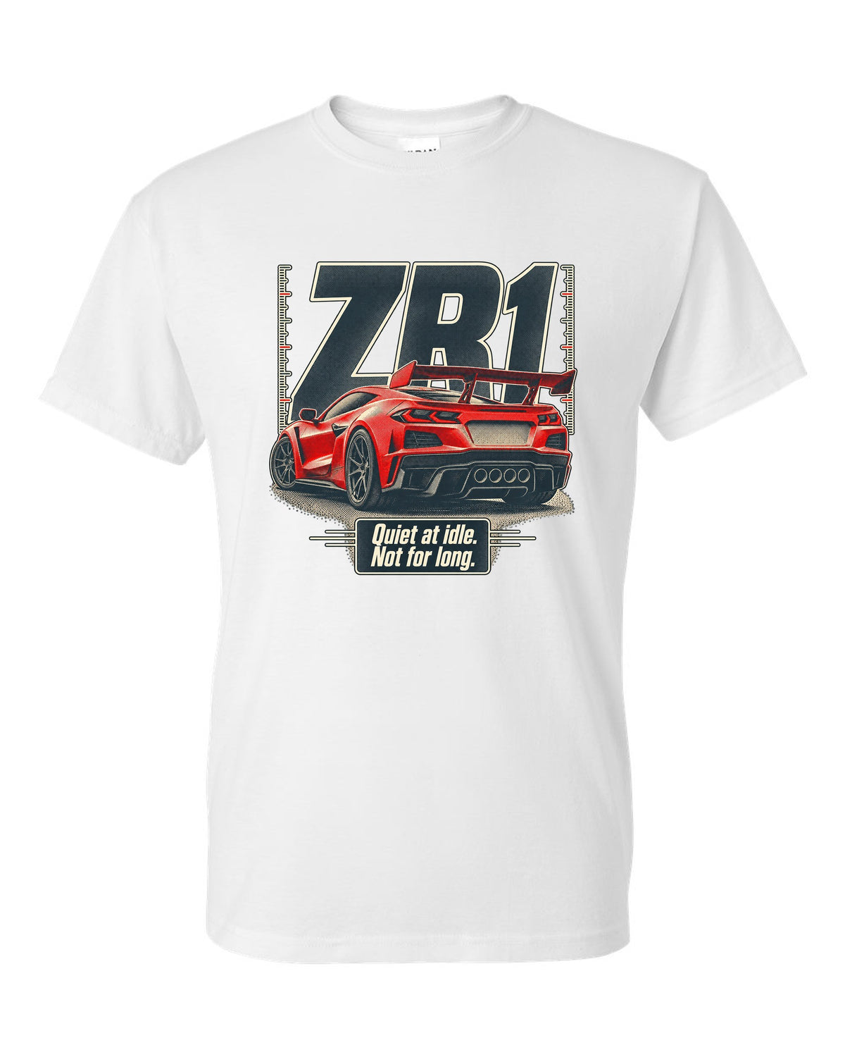 Halftone print of a Chevrolet Corvette C8 ZR1 with a quiet at idle statement white t-shirt front view with the design