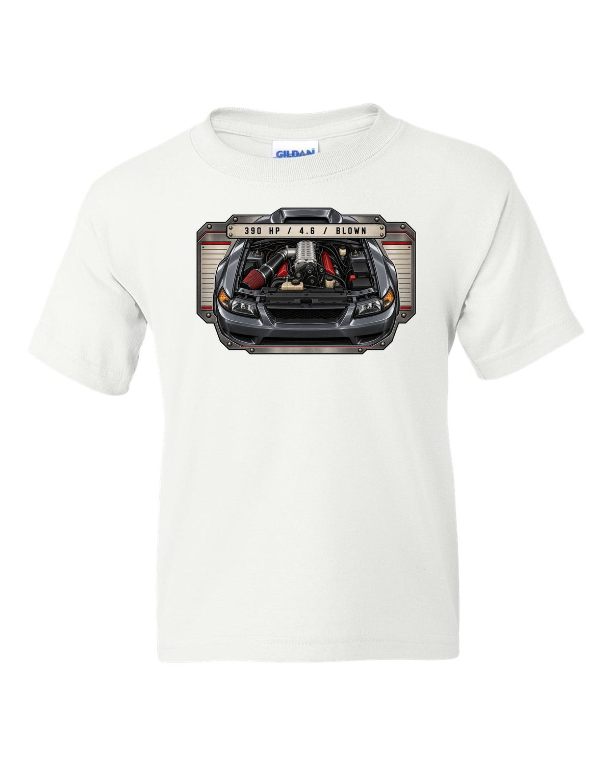 print spec plate design for the 2003-04 New Edge Mustang supercharged 4.6 V8 with 390 HP white kids tee front view with the design