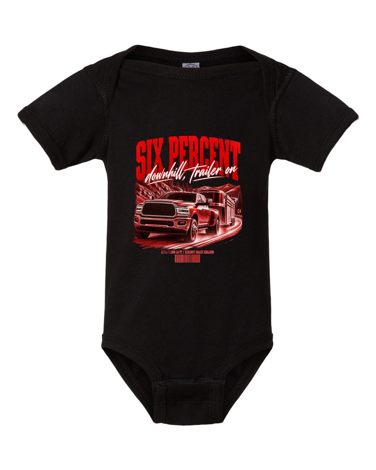 Street poster of a 2019-2024 Ram 3500 towing a trailer with the text Six percent, downhill, trailer on black baby onesie front view with the design