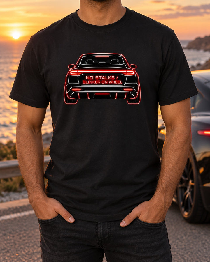 Tesla Model 3 Highland Neon Taillight Bar Shirt, EV Gift T-Shirt Black worn hero