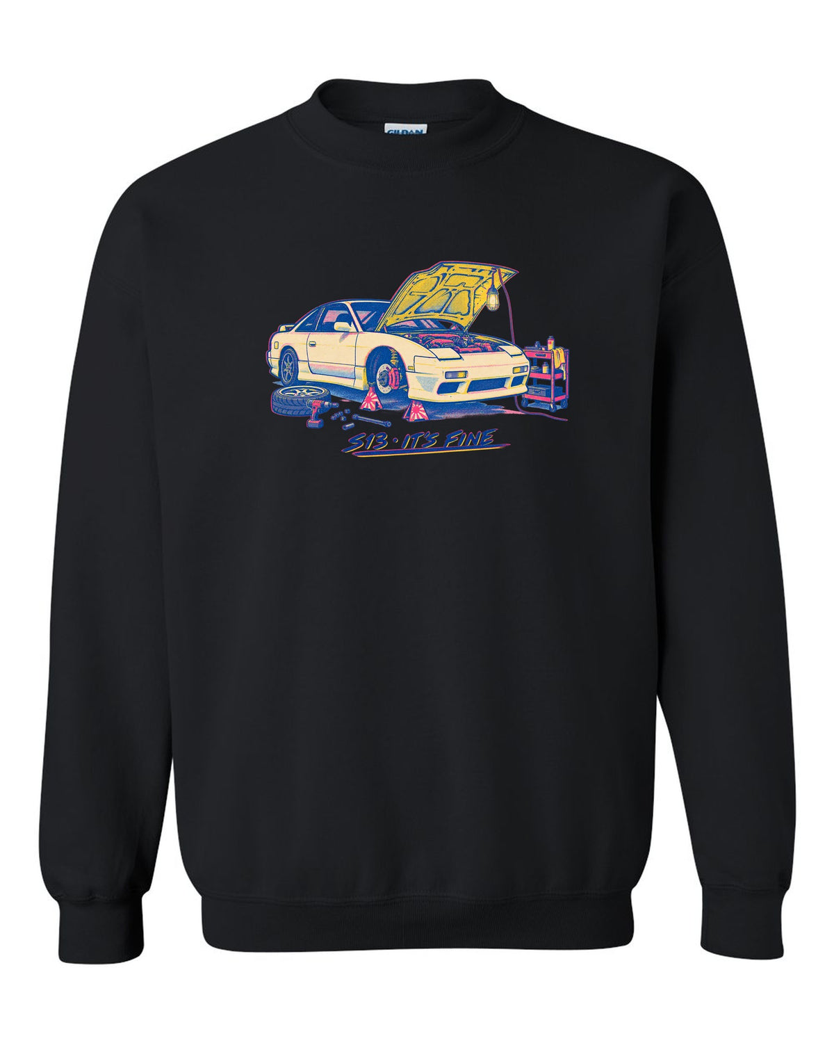 Risograph workshop print of a Nissan S13 with S13 it's fine lettering black crewneck front view with the design