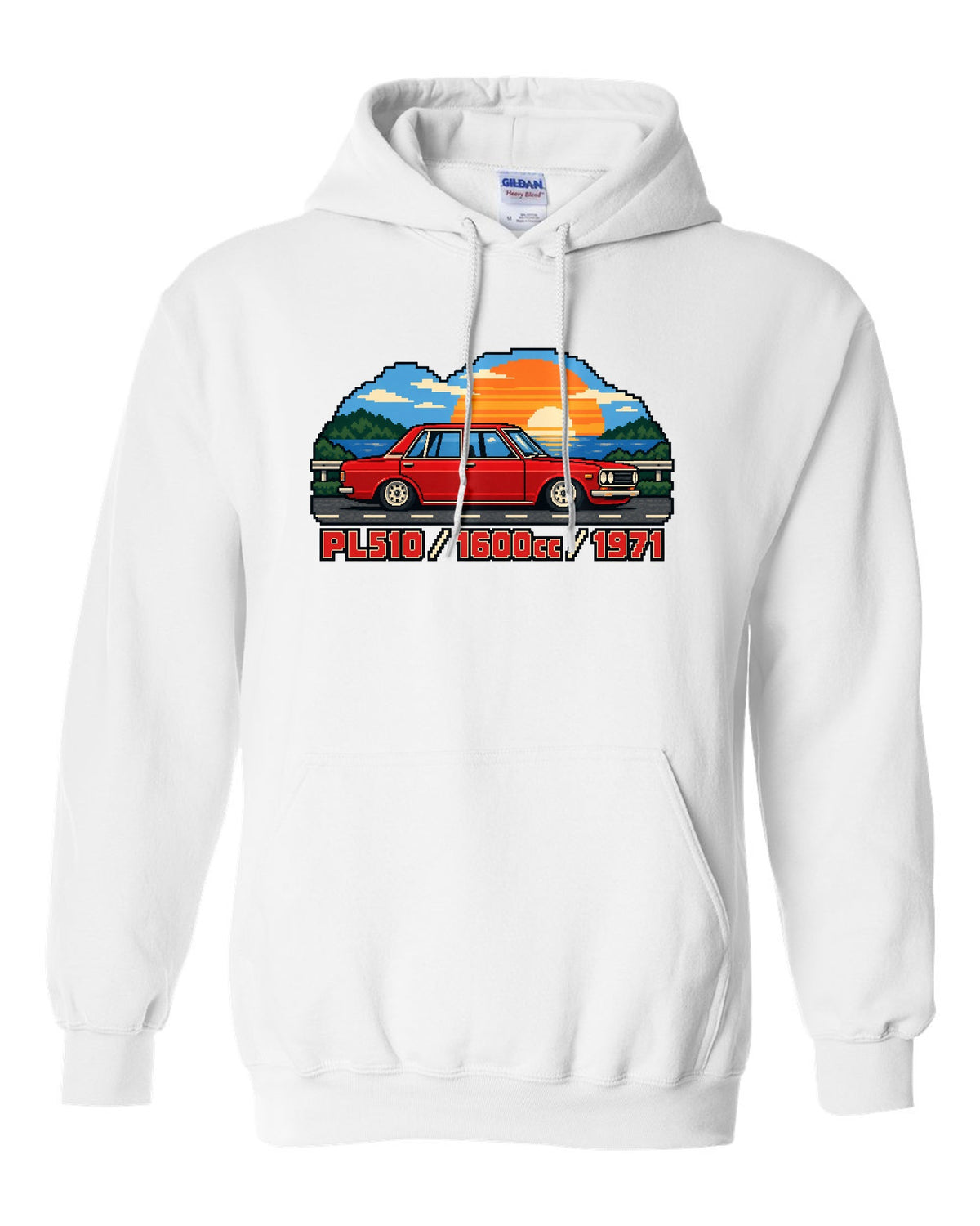 16-bit pixel art of a 1971 Datsun 510 PL510 sedan with 1600cc lettering white pull over hoodie front view with the design