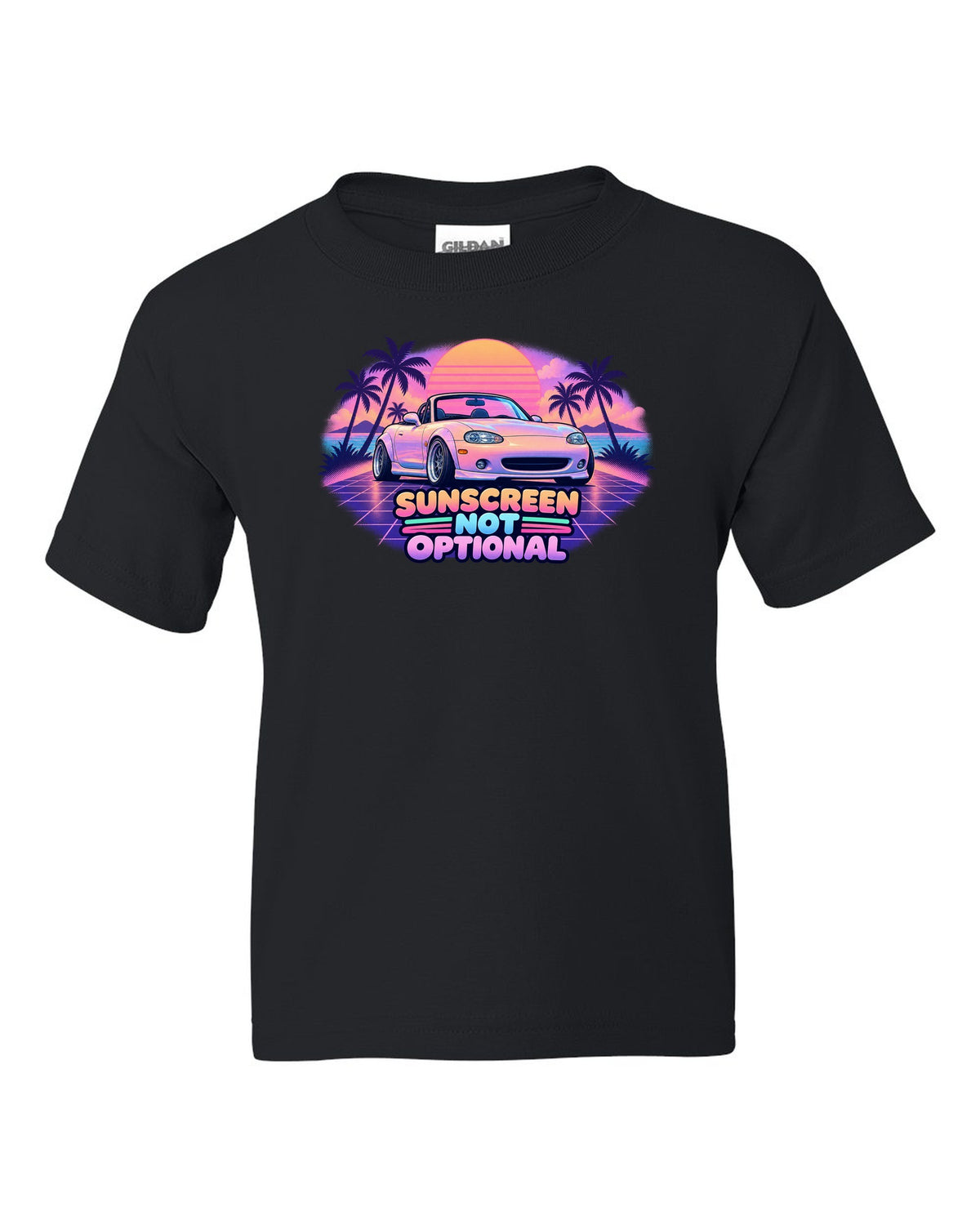 Vaporwave pastel print of a Mazda MX-5 NB Miata with the roof down and the text Sunscreen Not Optional black kids tee front view with the design