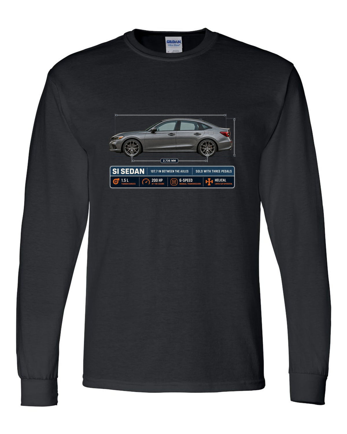 Civic Si FE1 Sedan Dimension Blueprint black long sleeve front view with the design