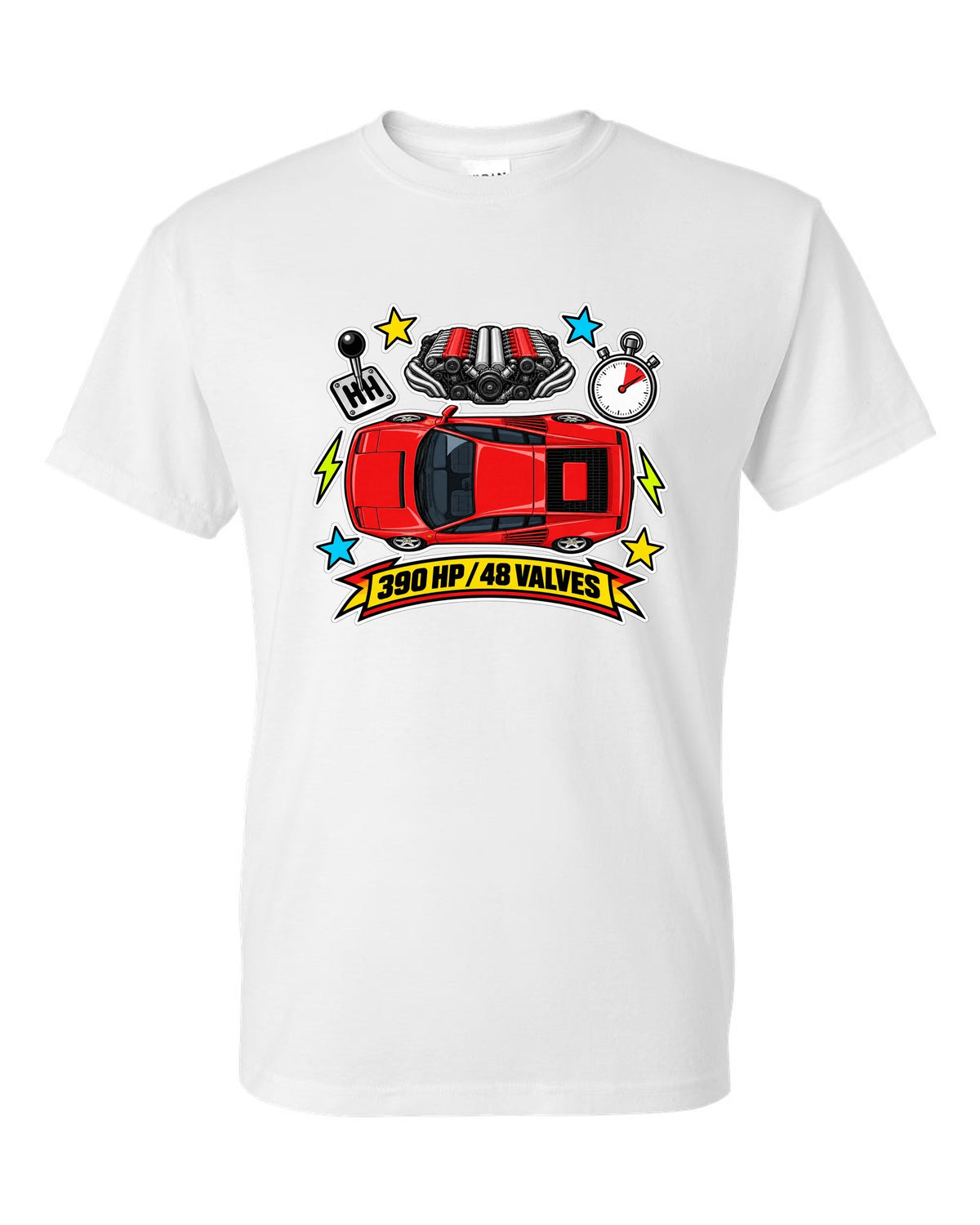 Sticker-bomb collage of the Ferrari Testarossa with 390 HP and 48 valves text white t-shirt front view with the design