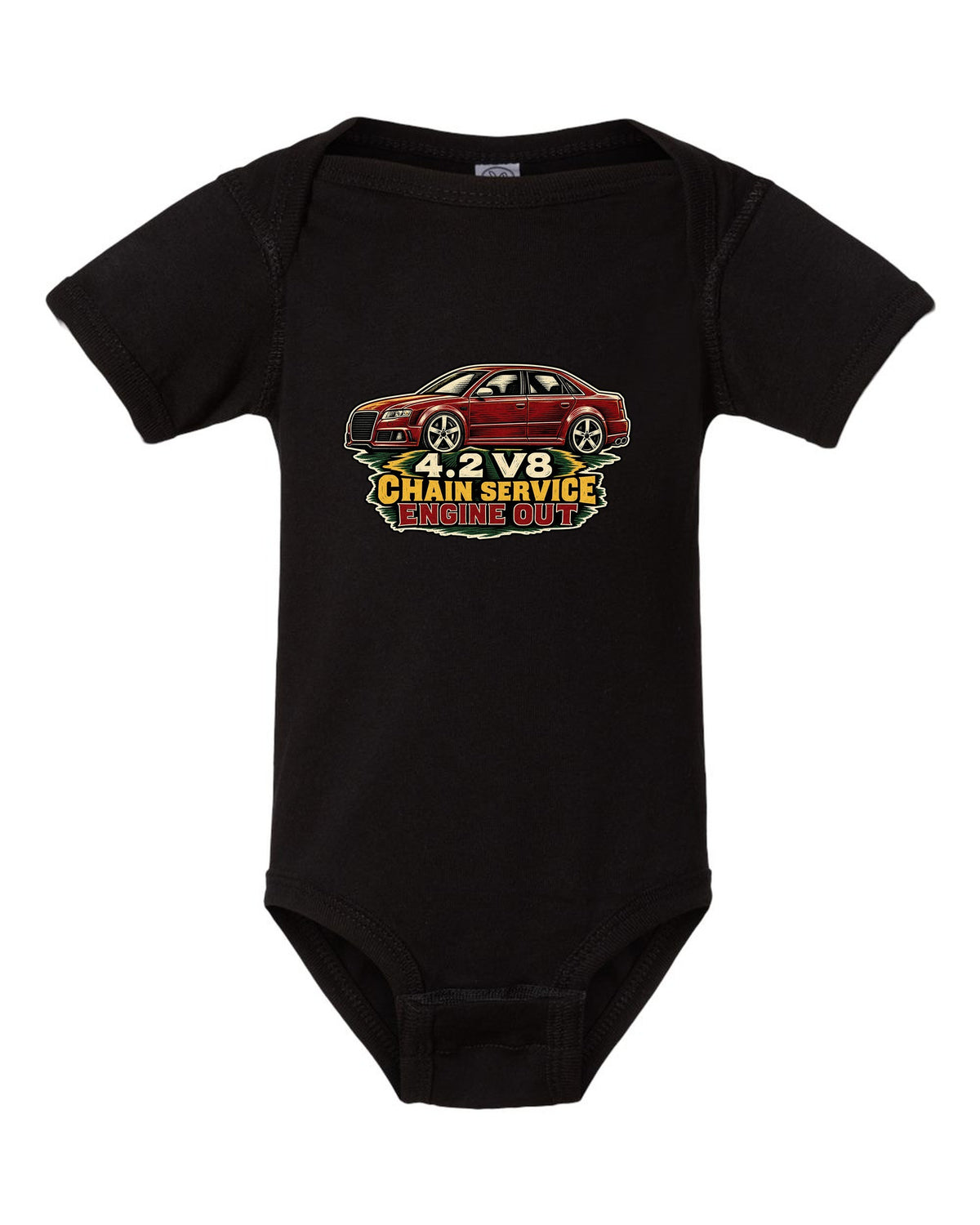 Linocut style print of an Audi S4 B7 sedan with 4.2 V8 chain service text black baby onesie front view with the design