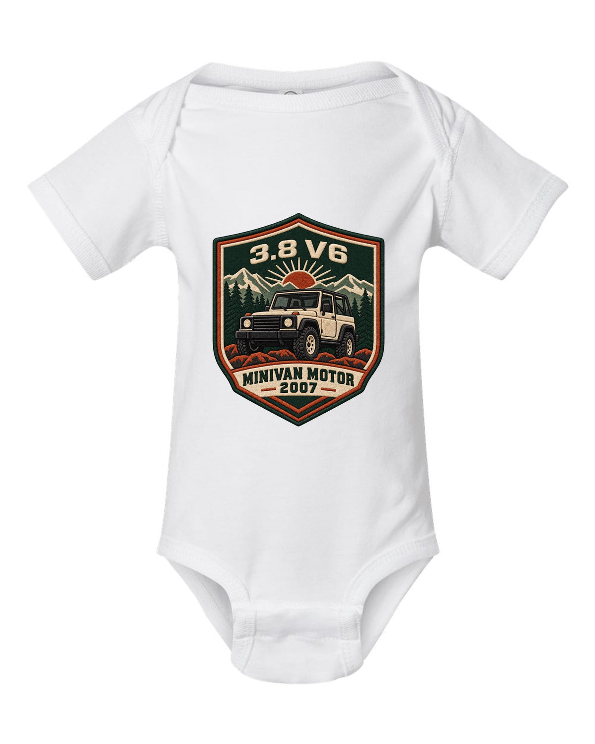 Jeep Wrangler JK varsity crest design with 3.8 V6 minivan motor 2007 text white baby onesie front view with the design