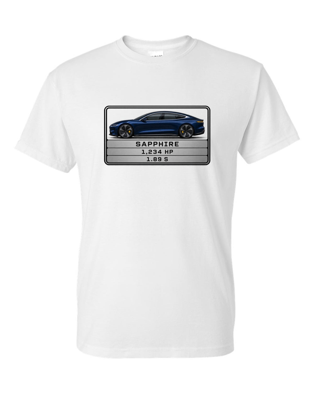 Lucid Air Sapphire monospaced spec data plate print with the text Sapphire 1,234 hp 1.89 s white t-shirt front view with the design