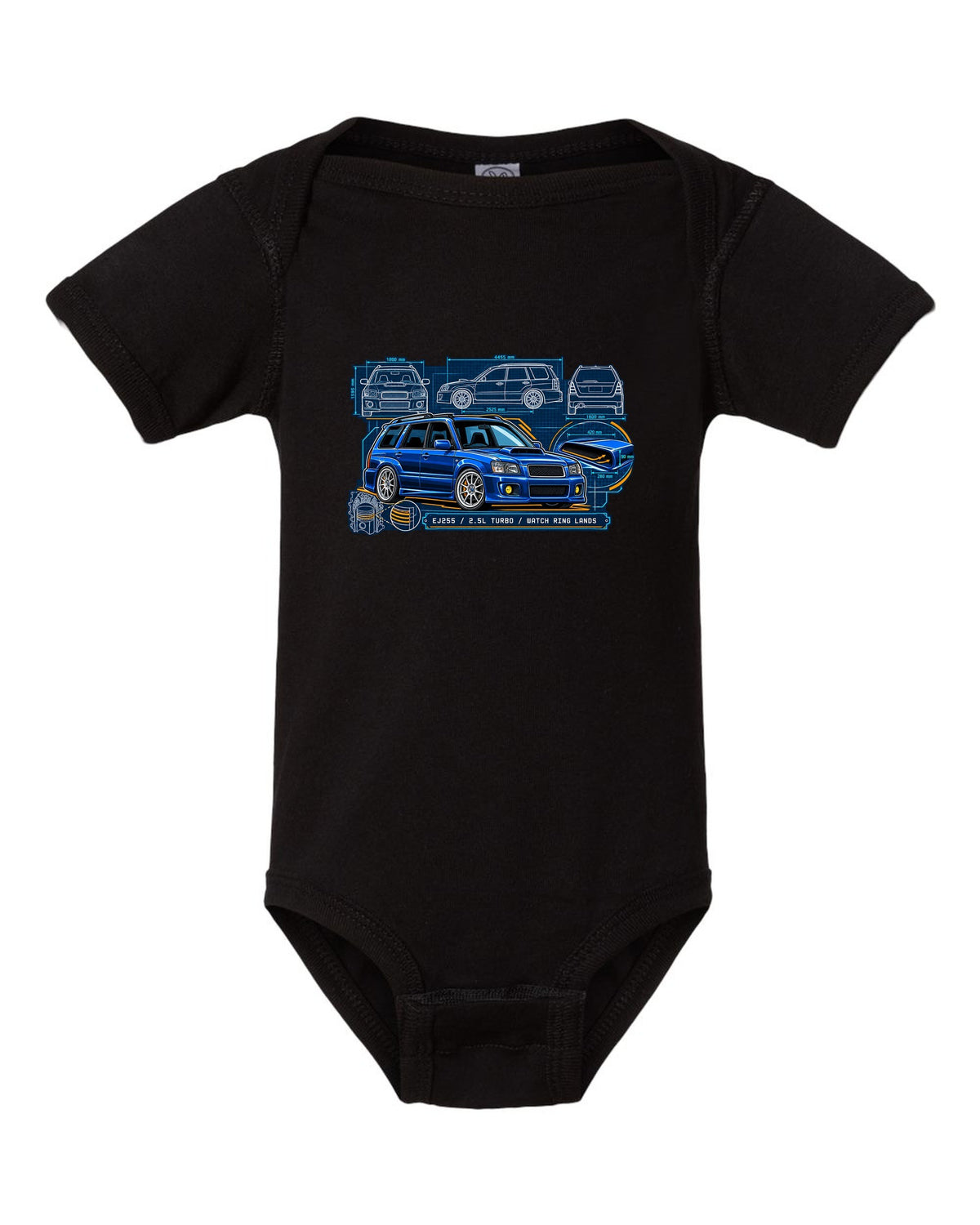Technical blueprint of a Subaru Forester SG9 with hood scoop and EJ255 2.5L turbo text black baby onesie front view with the design