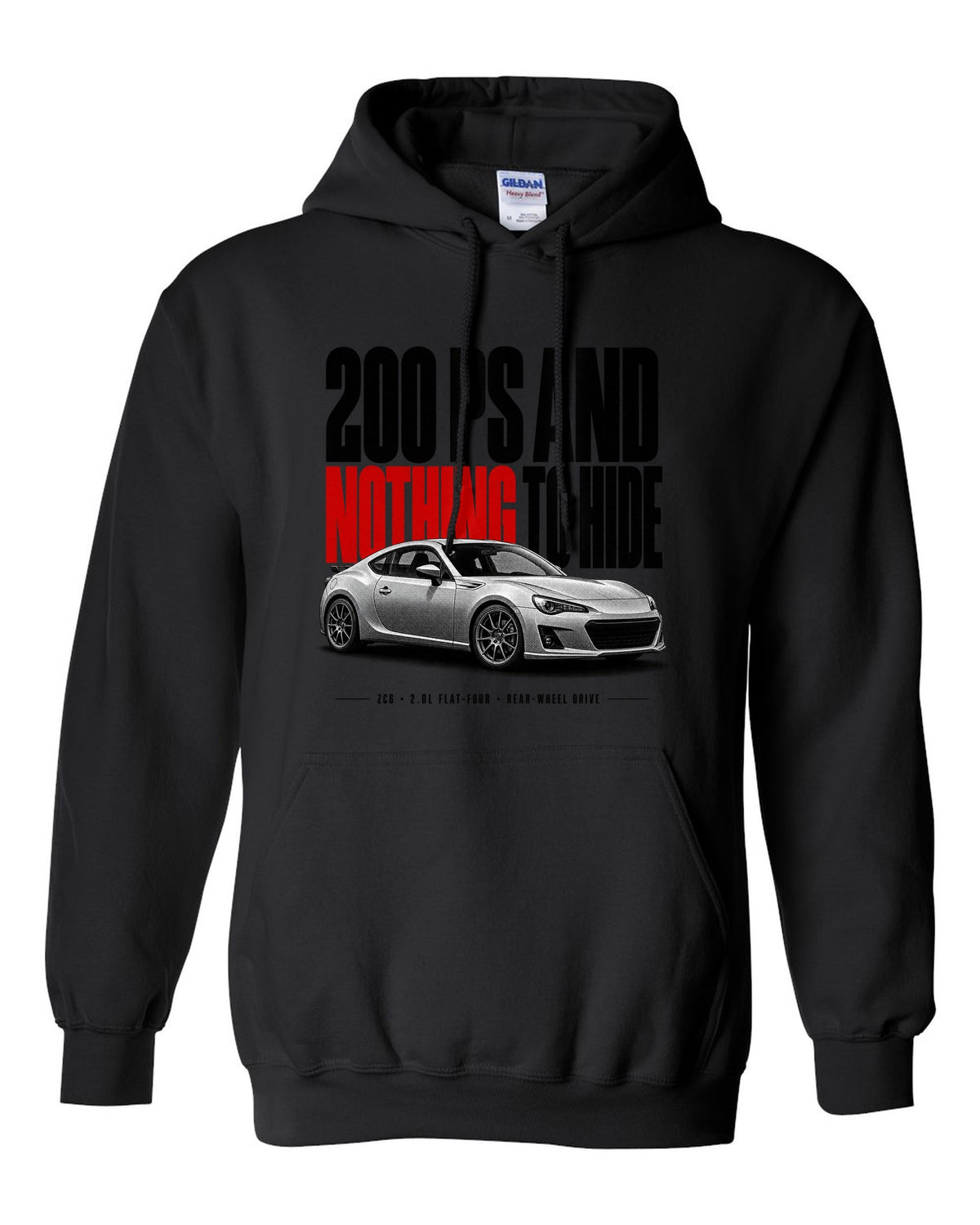 Halftone print for the Subaru BRZ ZC6 tS reading 200 PS and nothing to hide, 2.0L flat-four, rear-wheel drive black pull over hoodie front view with the design