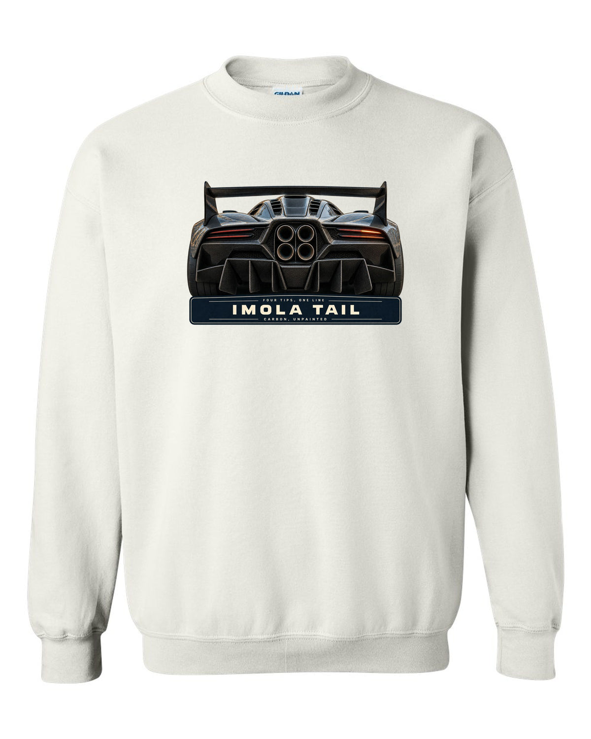 Taillight macro print of the Pagani Huayra Imola with the text four tips, one line, Imola tail, carbon, unpainted white crewneck front view with the design