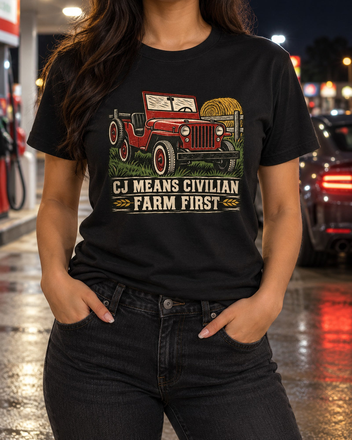 Jeep CJ-2A Farmhand Linocut Tee, CJ Means Civilian Gift T-Shirt Black worn hero
