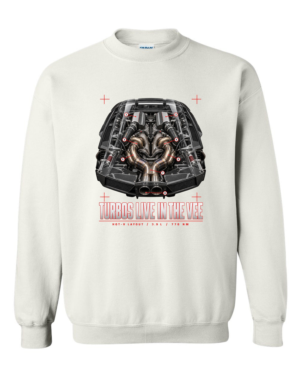 Engine cover callout print of a Ferrari F8 Tributo with hot-V layout, 3.9 L and 770 Nm white crewneck front view with the design
