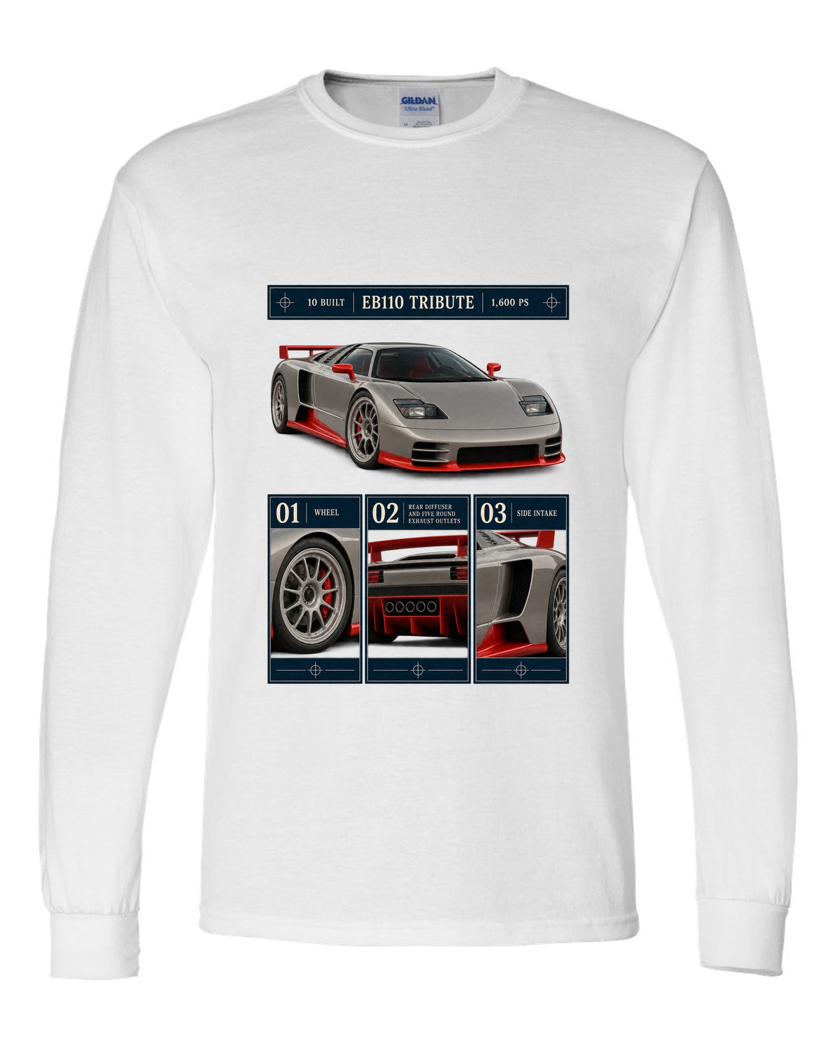 Bugatti Centodieci dossier panel print noting EB110 tribute and 10 built white long sleeve front view with the design