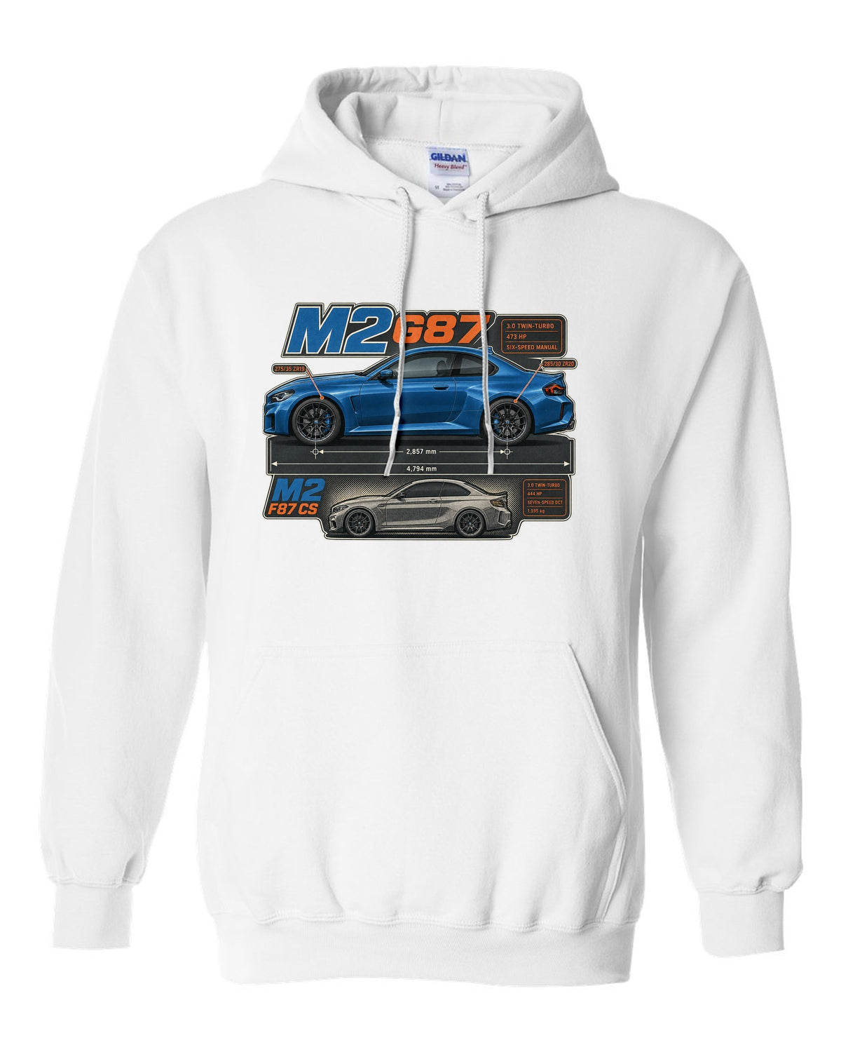 BMW M4 G82 coupe dimension blueprint print with 473 hp and six-speed manual white pull over hoodie front view with the design