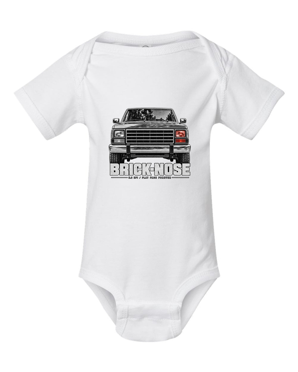 Ford Bronco Brick-Nose 1987-91 taillight macro print with 5.0 EFI text white baby onesie front view with the design