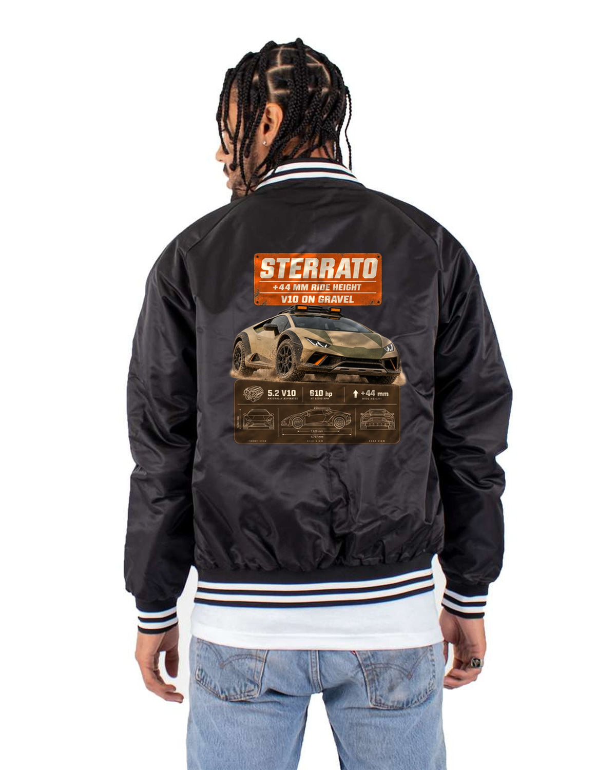 Huracan Sterrato Spec Poster Tee, Lamborghini Gravel V10 Bomber Jacket Black back