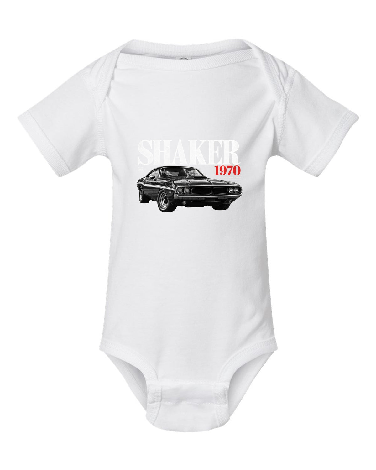 Editorial headline print of a 1970 Dodge Challenger R/T Shaker with 440 Six Pack text white baby onesie front view with the design