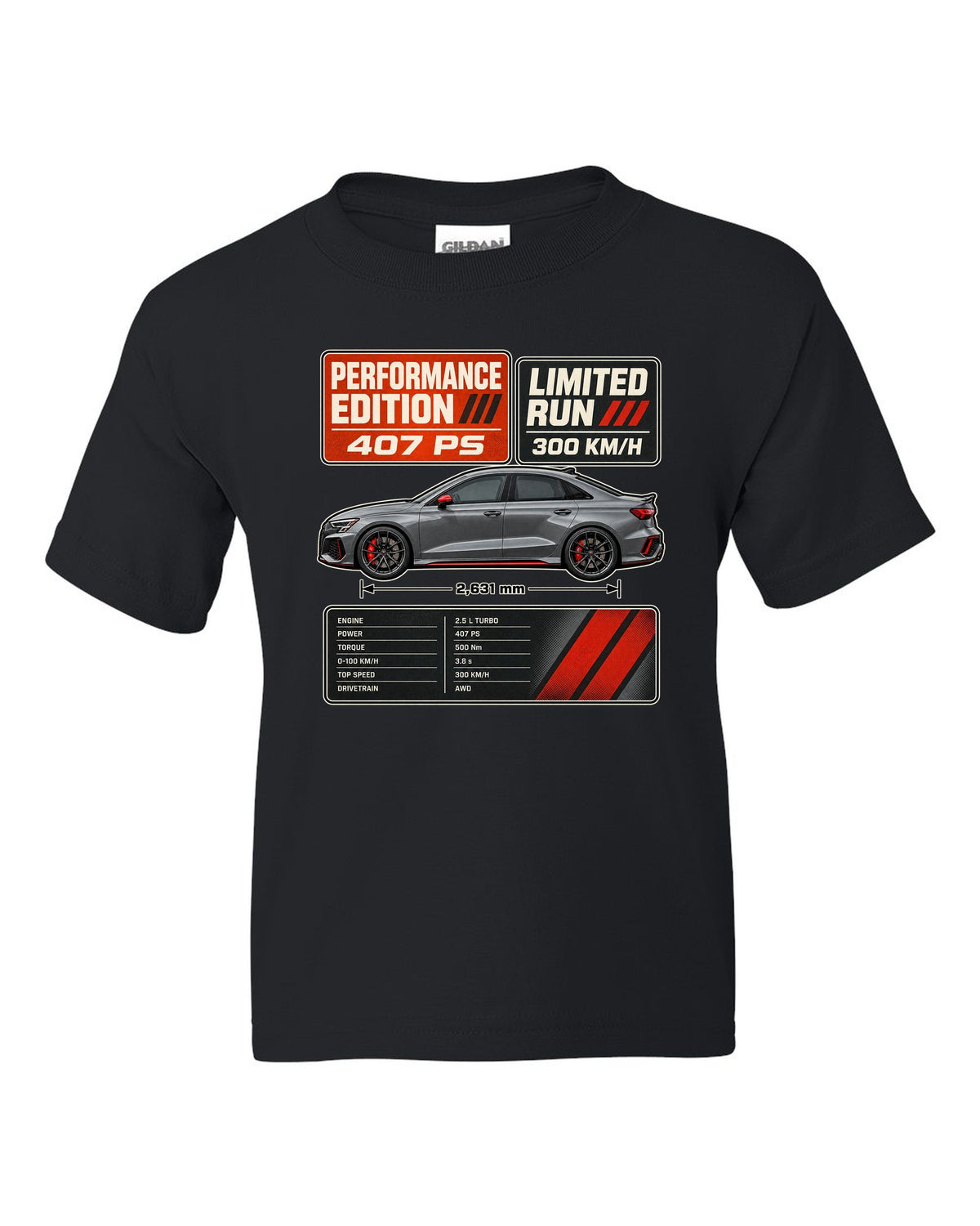 Grey and orange spec poster for the Audi RS3 8Y Performance Edition black kids tee front view with the design