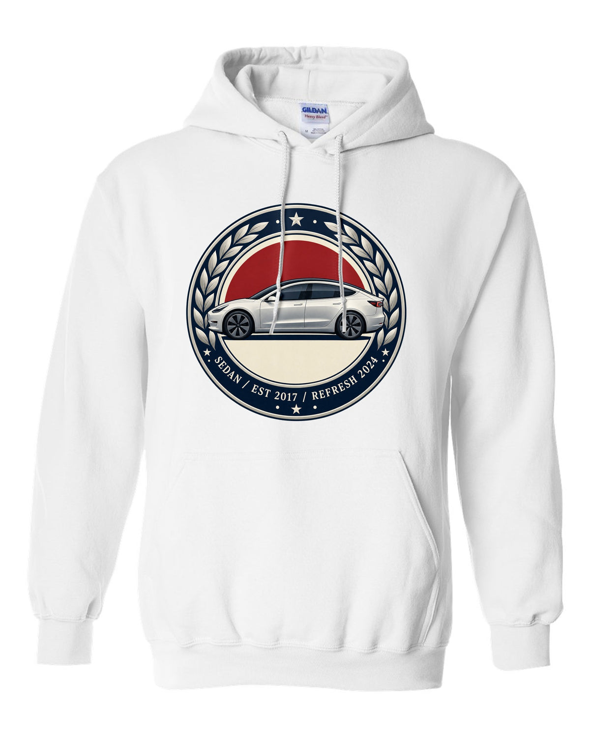 Round crest print of a Tesla Model 3 sedan reading Est 2017 and Refresh 2024 white pull over hoodie front view with the design