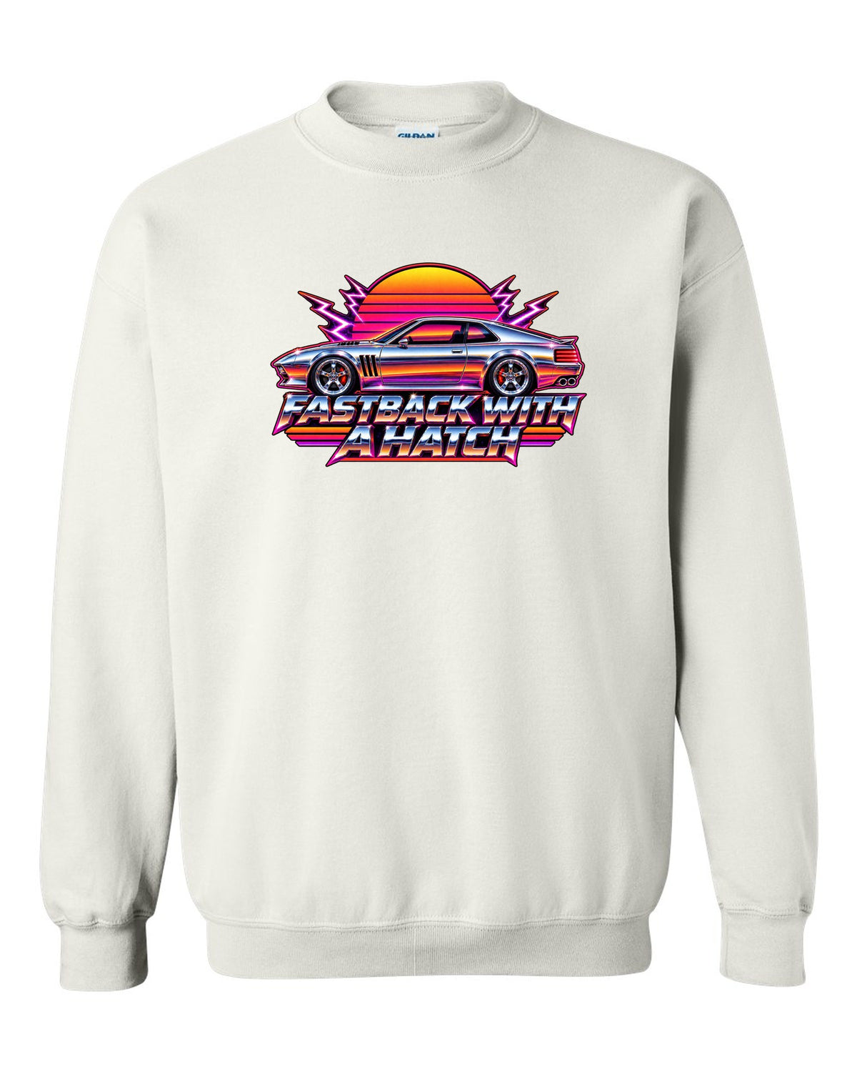 Kia Stinger GT CK 80s airbrush chrome sunset print with fastback with a ch text white crewneck front view with the design