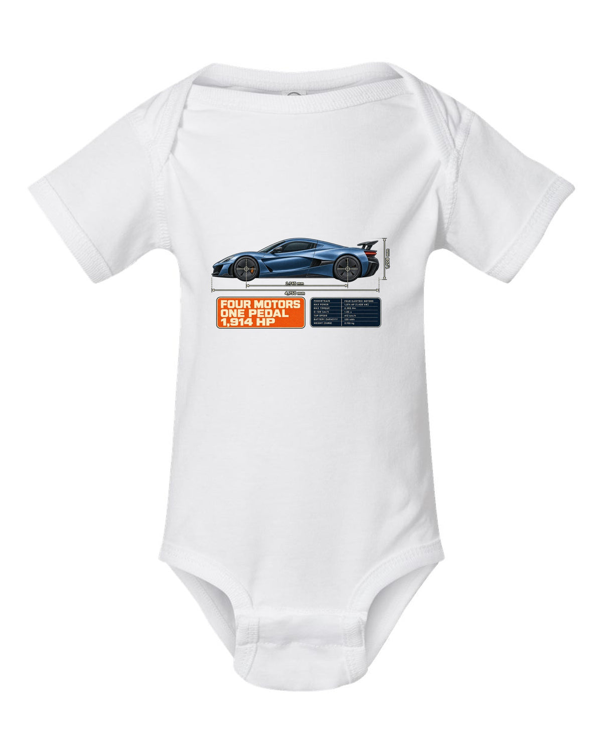 Rimac Nevera 2021 dimension blueprint print with four motors one pedal 1,914 hp text white baby onesie front view with the design