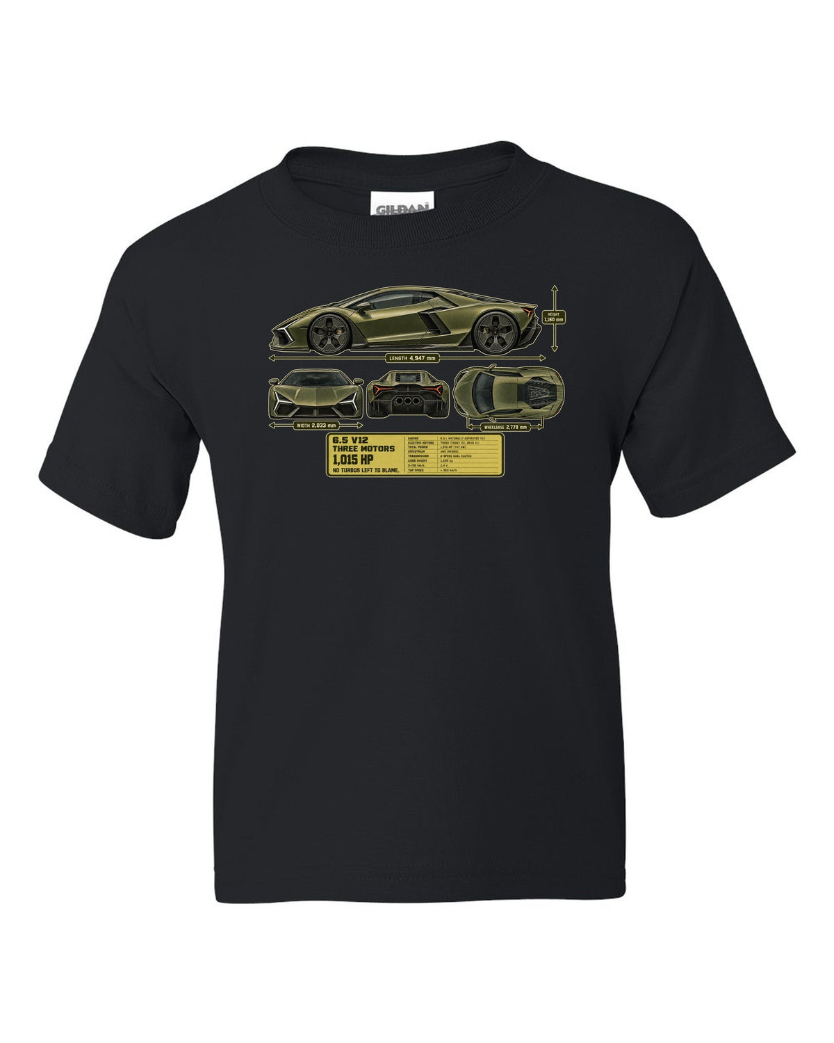 print dimension blueprint of a Lamborghini Revuelto in olive-grey black kids tee front view with the design