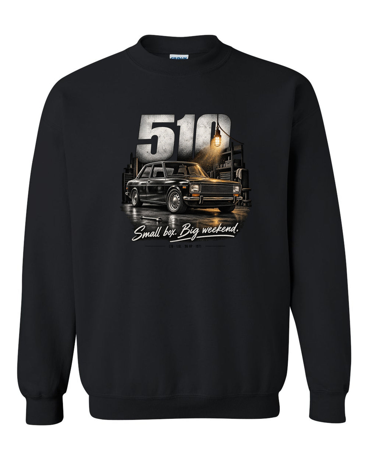Garage night print of a Datsun 510 sedan with L16 1.6L 96 HP text black crewneck front view with the design