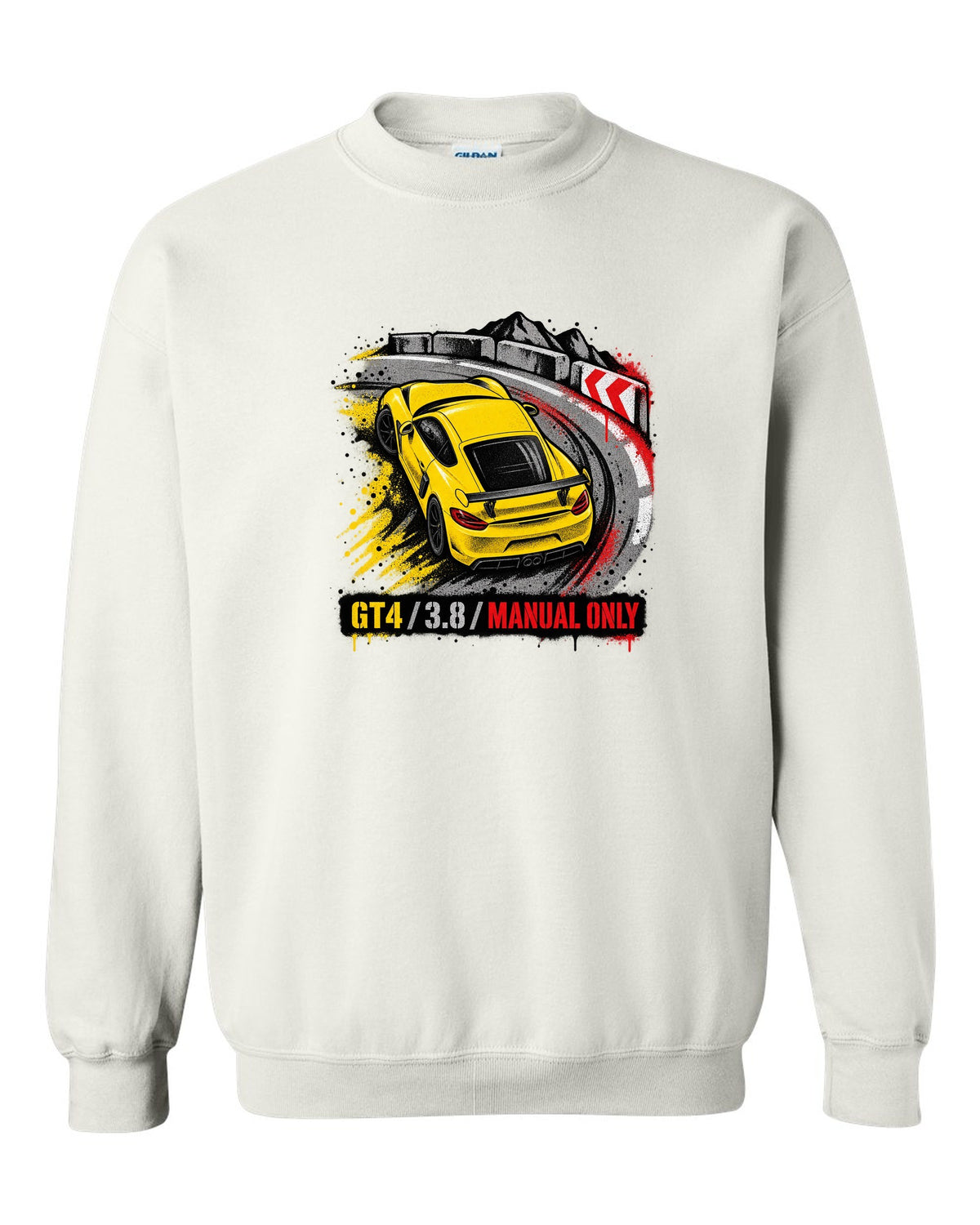 Engraved tachometer illustration for the Porsche 911 GT3 RS 991.2 white crewneck front view with the design