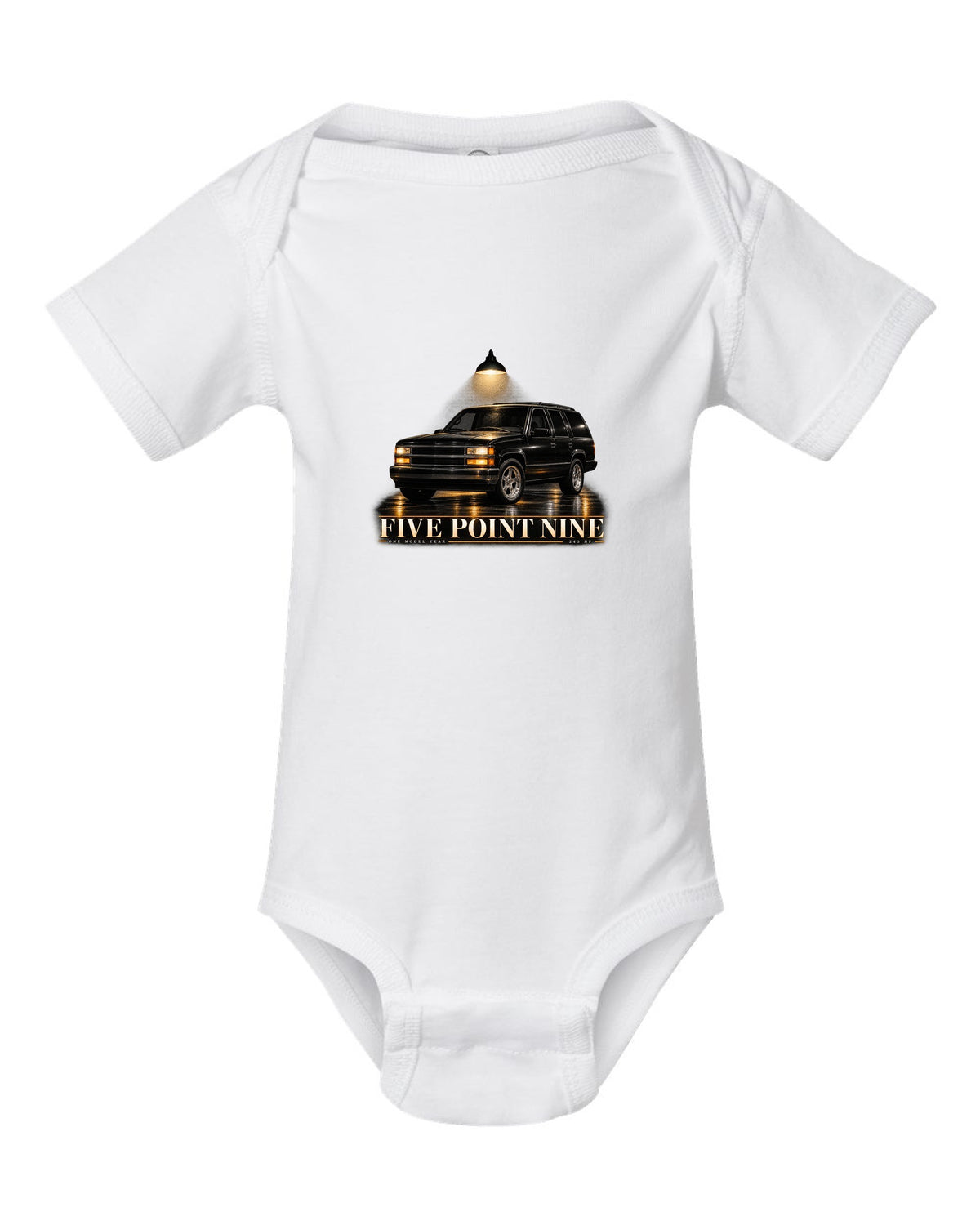 Garage night print for the 1998 Jeep Grand Cherokee ZJ 5.9 Limited white baby onesie front view with the design