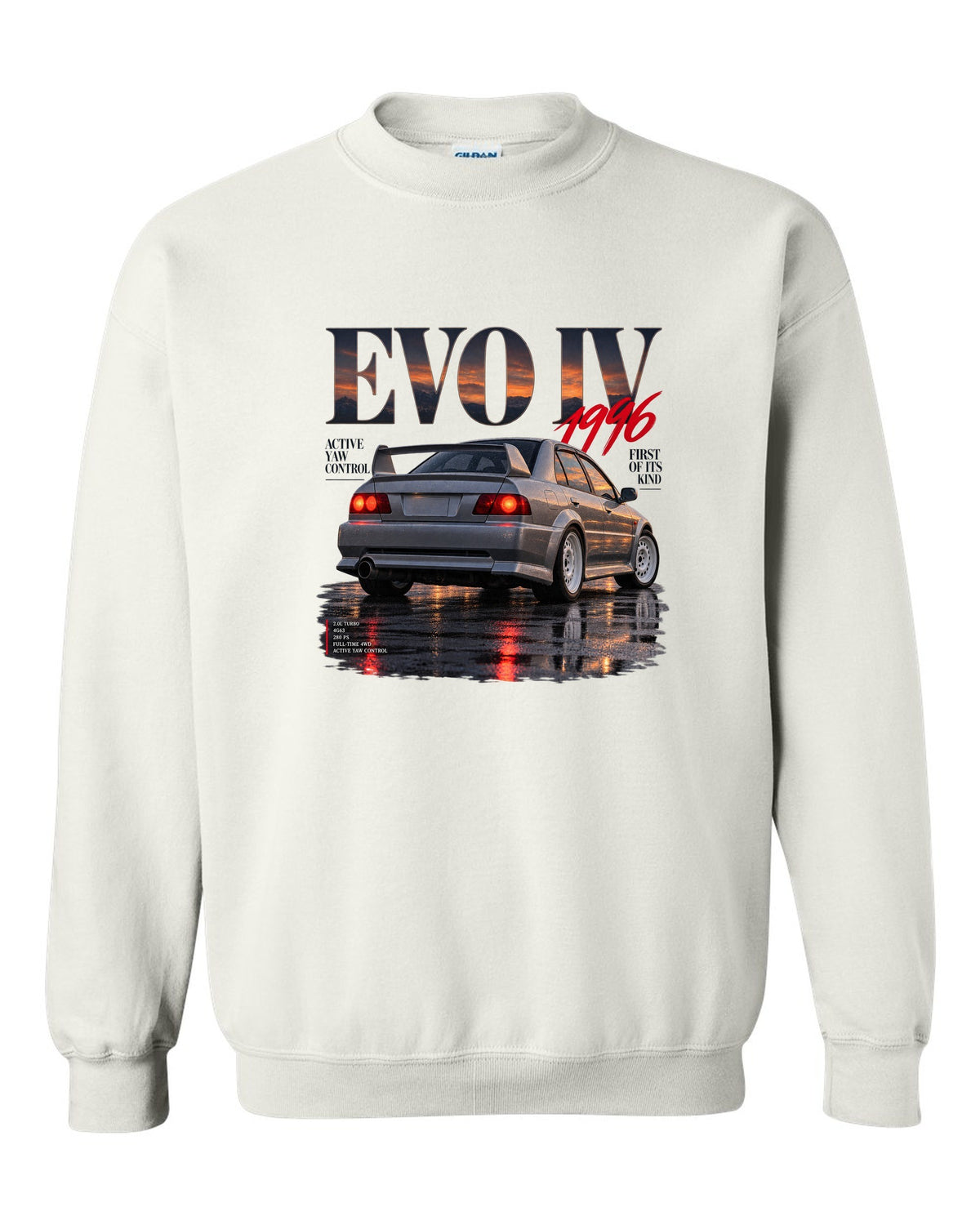 Editorial headline print for the Mitsubishi Lancer Evolution IV CN9A reading Active Yaw Control, first of its kind, 1996 white crewneck front view with the design