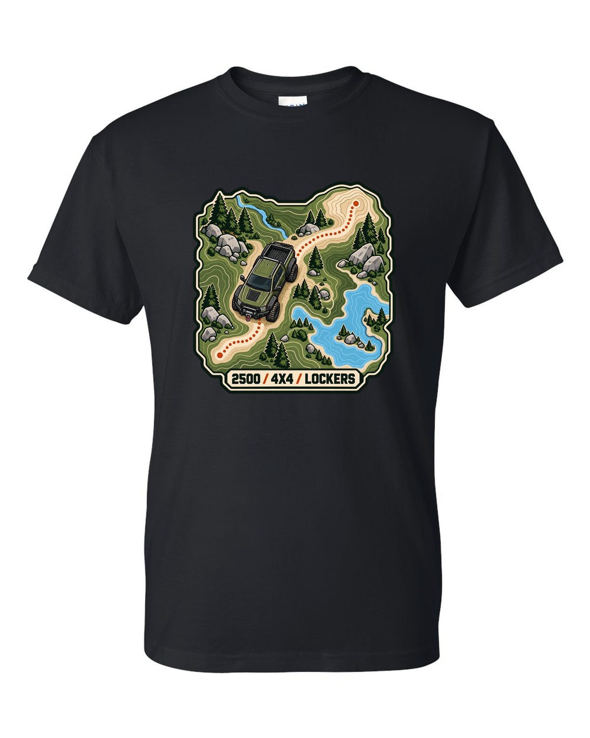 Topographic route map line art print of a Ram Power Wagon 2500 with 4x4 lockers text black t-shirt front view with the design