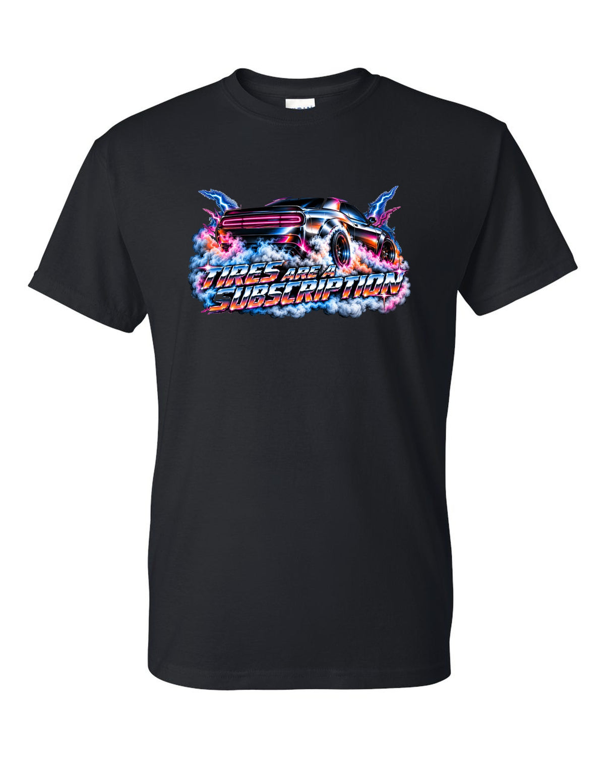 80s airbrush chrome illustration of a 2020 Dodge Challenger Scat Pack 392 Widebody doing a burnout black t-shirt front view with the design