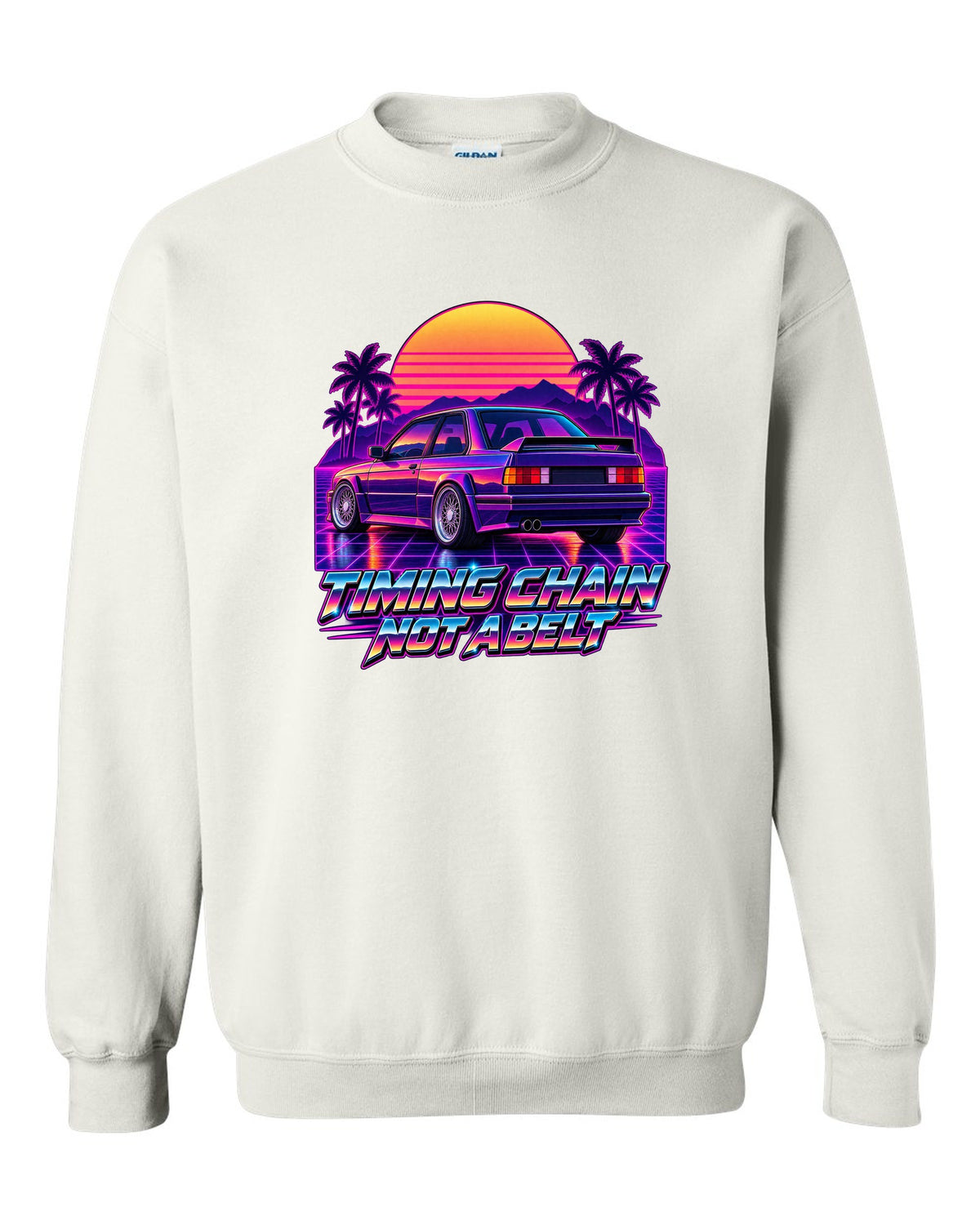Synthwave outrun illustration of a BMW E30 M3 taillights at dusk with timing chain text white crewneck front view with the design