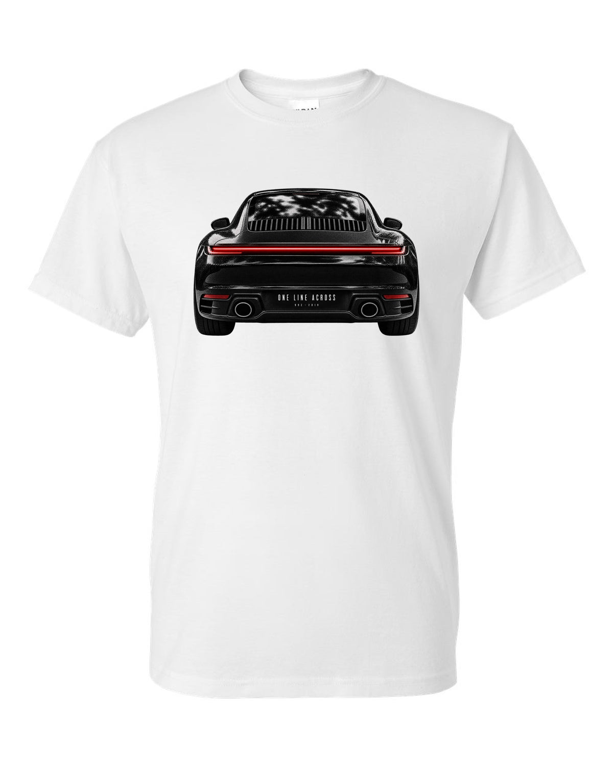 Taillight macro print of a 2019 Porsche 911 Carrera 992 rear light white t-shirt front view with the design