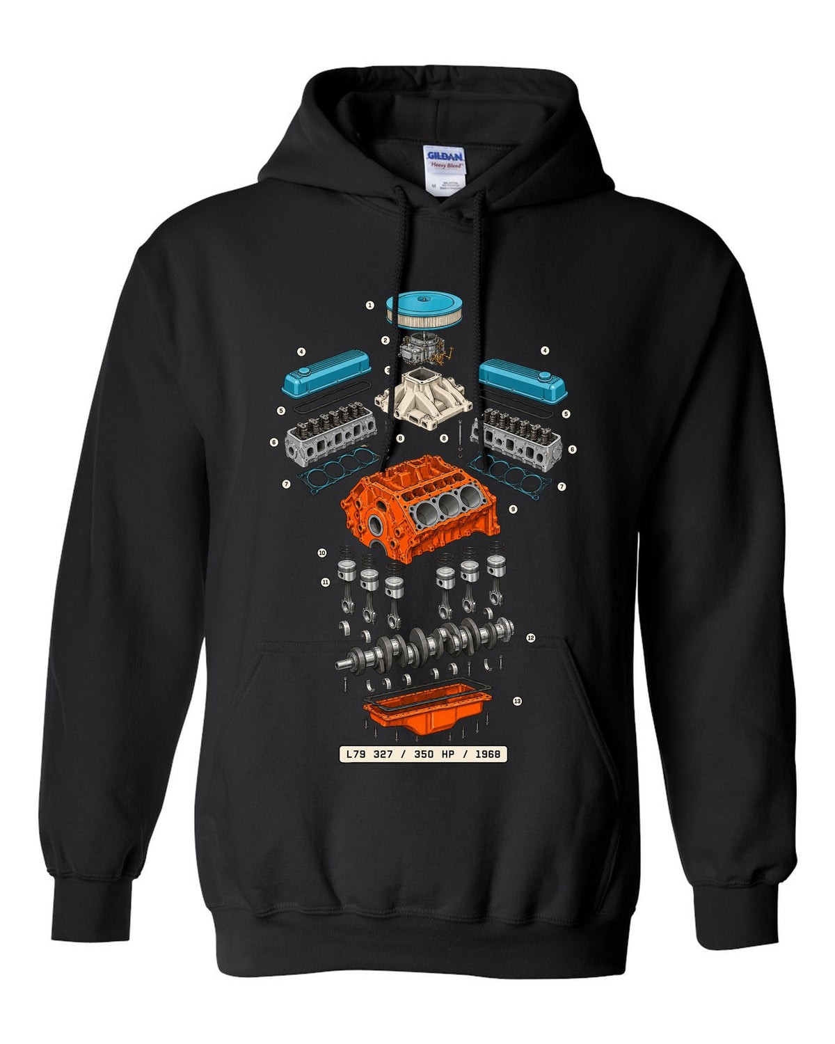 Exploded cutaway print of a 1968 Chevrolet Nova L79 327 engine with the text 350 HP, 1968 black pull over hoodie front view with the design