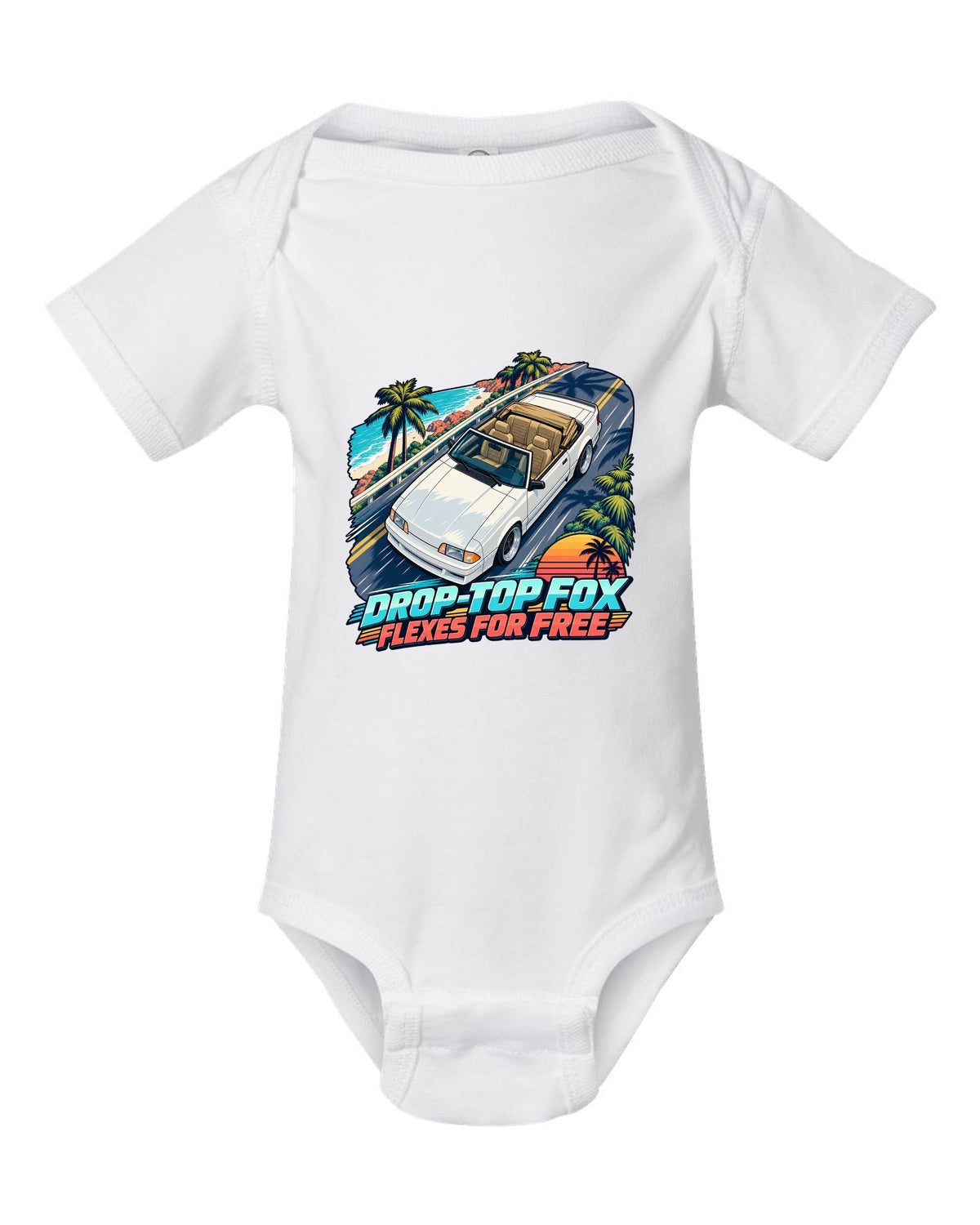 Cel-shaded anime print of a Ford Mustang Fox Body convertible seen from above white baby onesie front view with the design