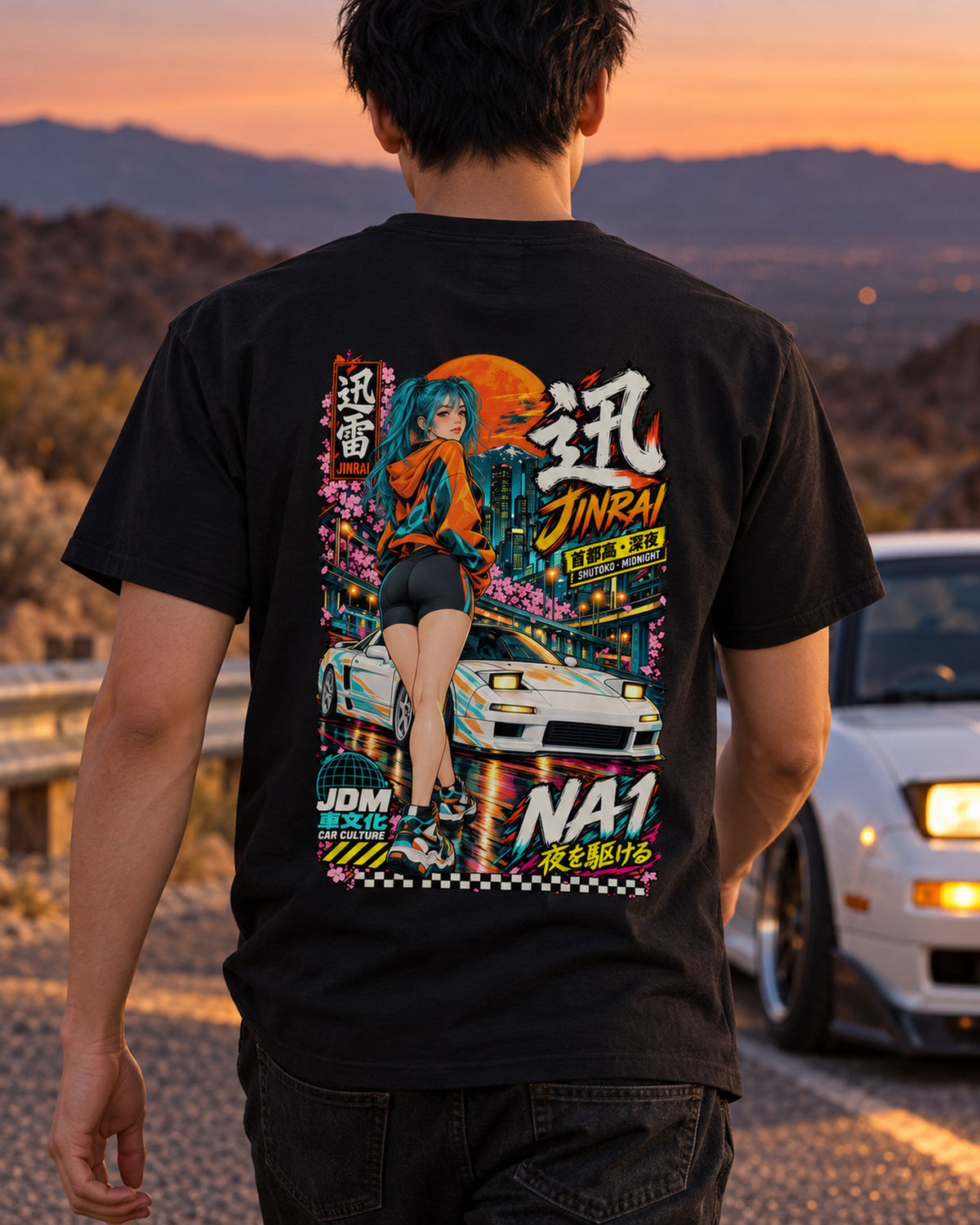 JINRAI NA1 Anime Girl Full-Back Graphic Tee T-Shirt Black worn hero
